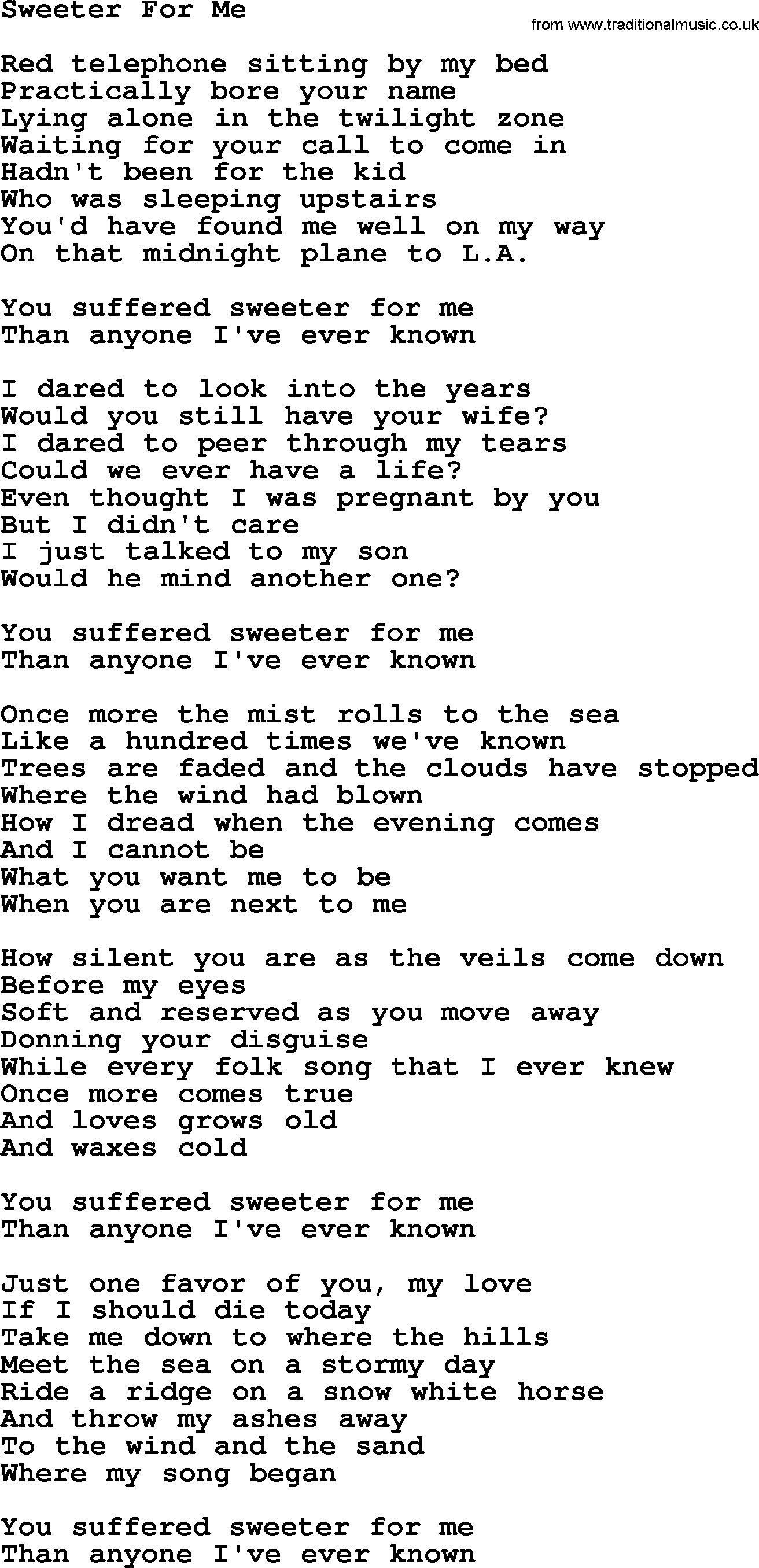 Joan Baez song Sweeter For Me, lyrics