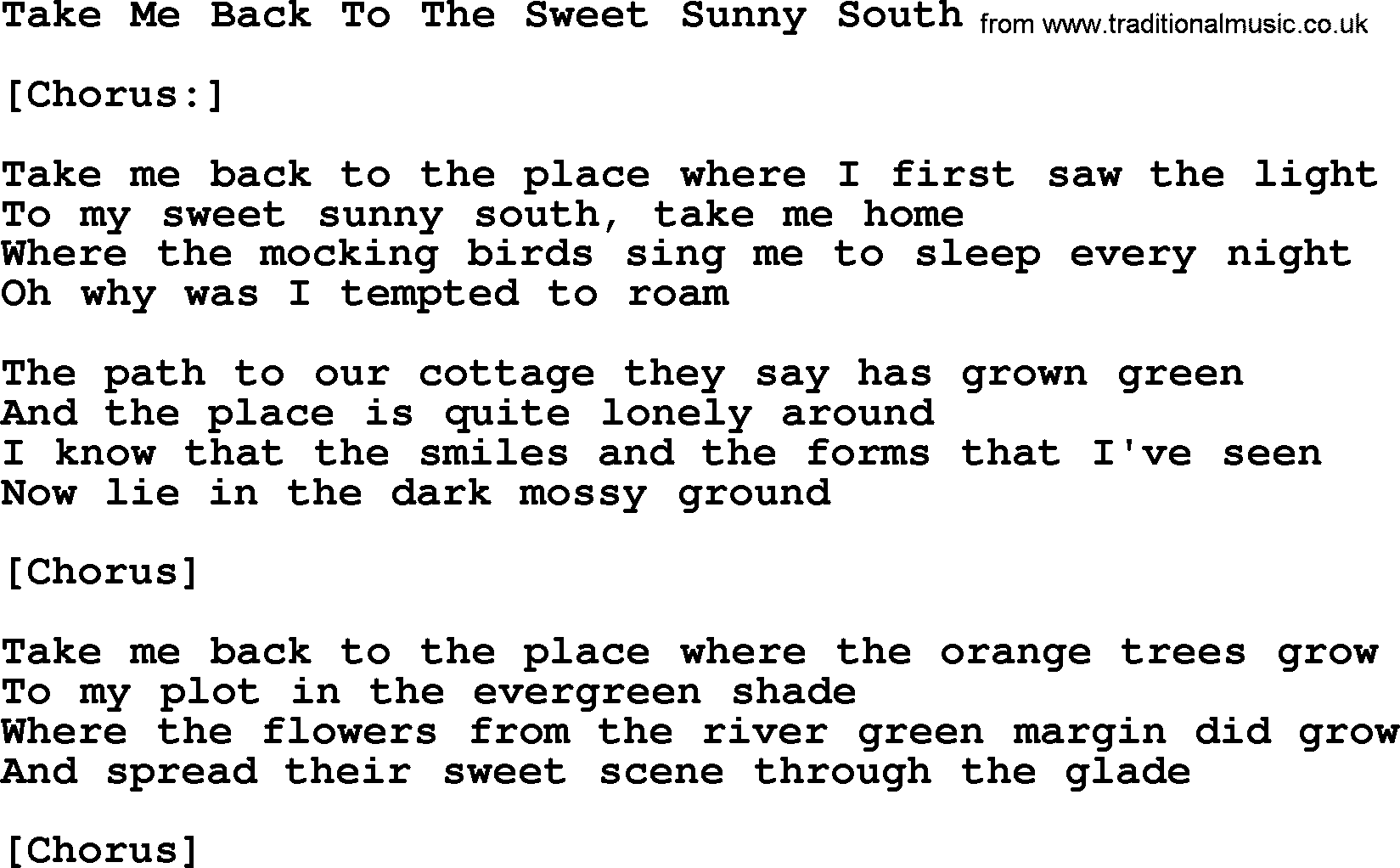 Joan Baez song Take Me Back To The Sweet Sunny South, lyrics