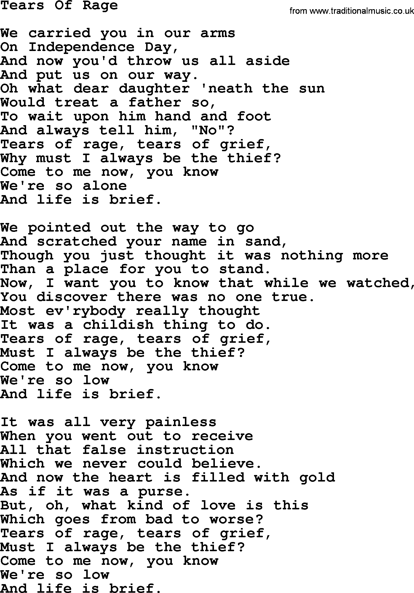 Joan Baez song Tears Of Rage, lyrics