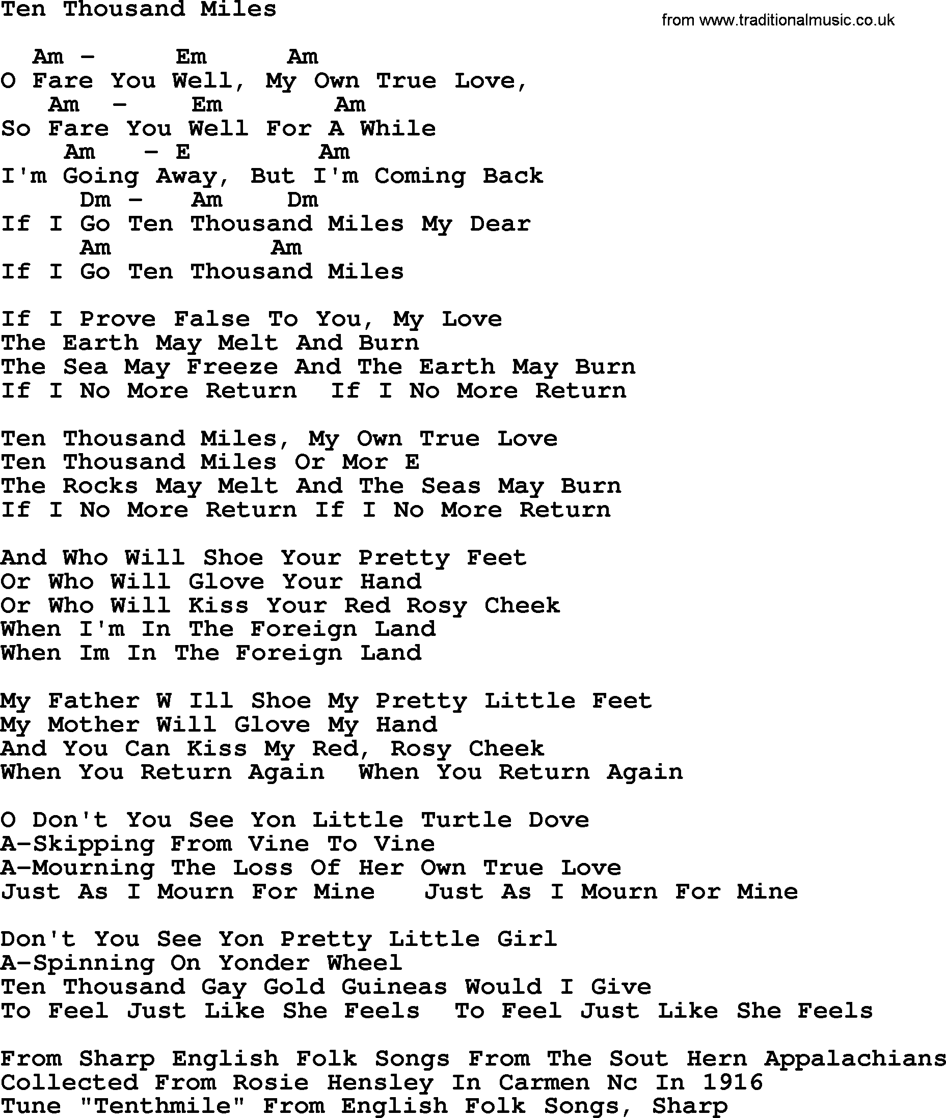 Joan Baez song Ten Thousand Miles lyrics and chords