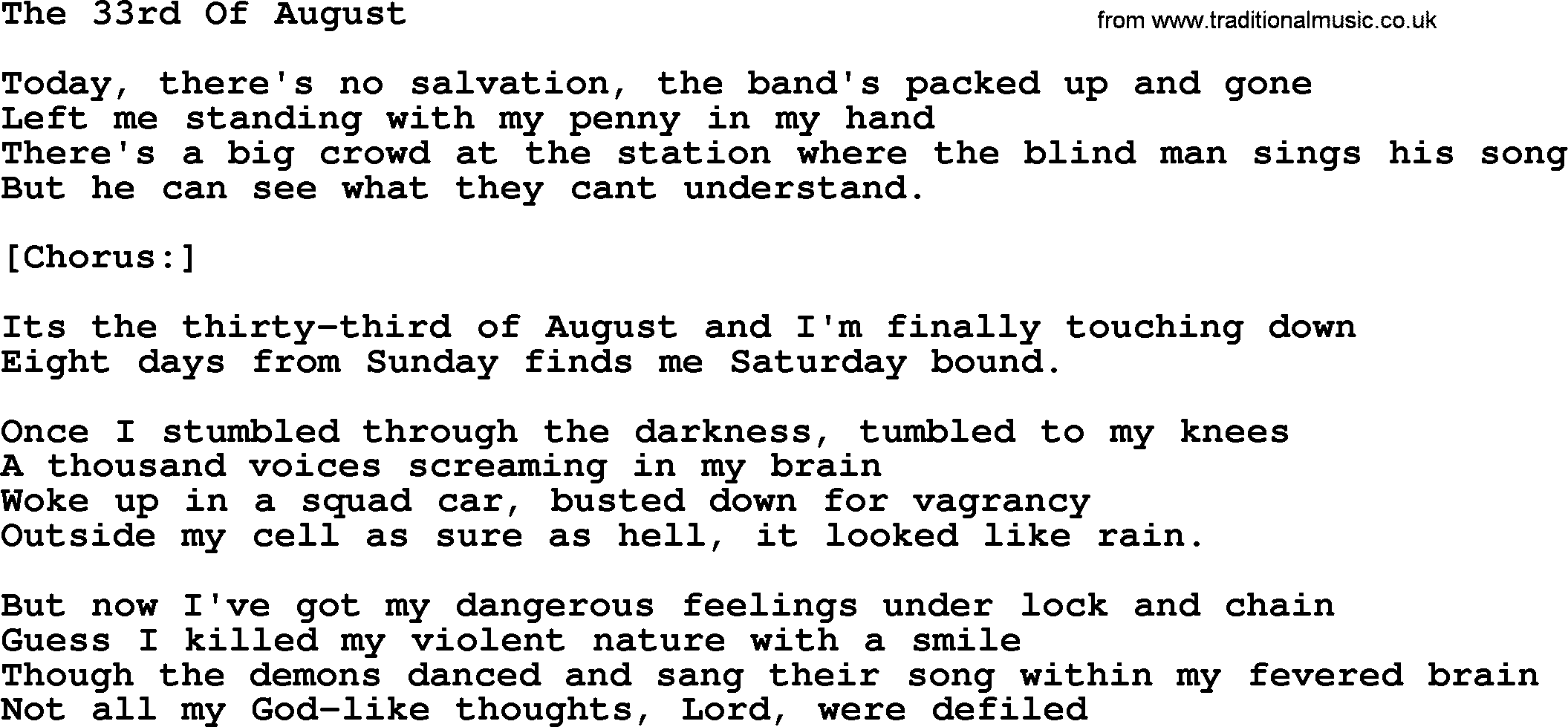 Joan Baez song The 33rd Of August, lyrics