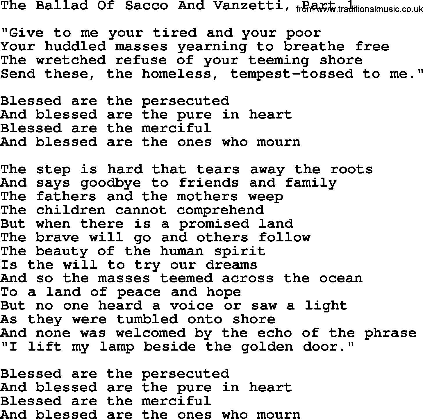 Joan Baez song The Ballad Of Sacco And Vanzetti, Part 1, lyrics