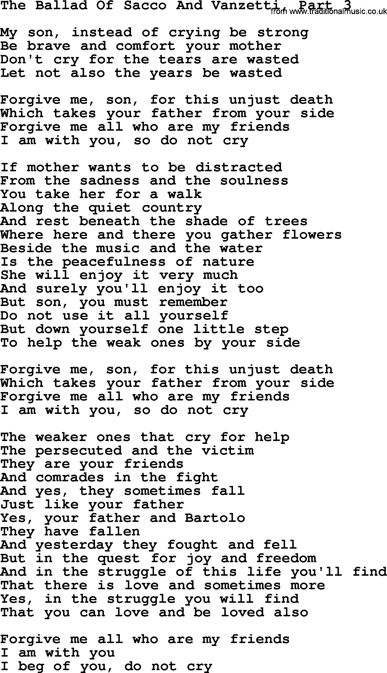 Joan Baez song The Ballad Of Sacco And Vanzetti, Part 3, lyrics