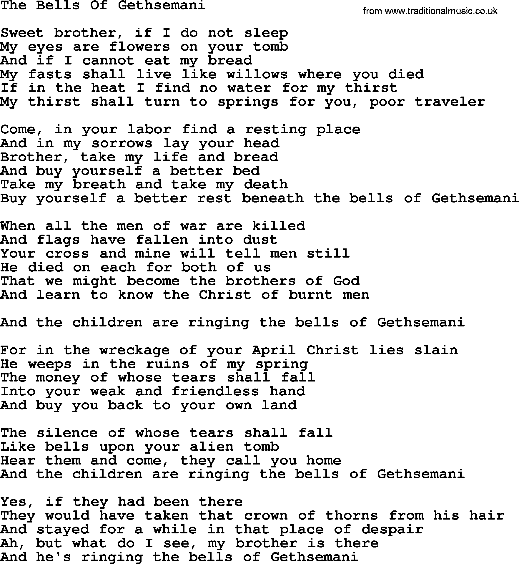 Joan Baez song The Bells Of Gethsemani, lyrics