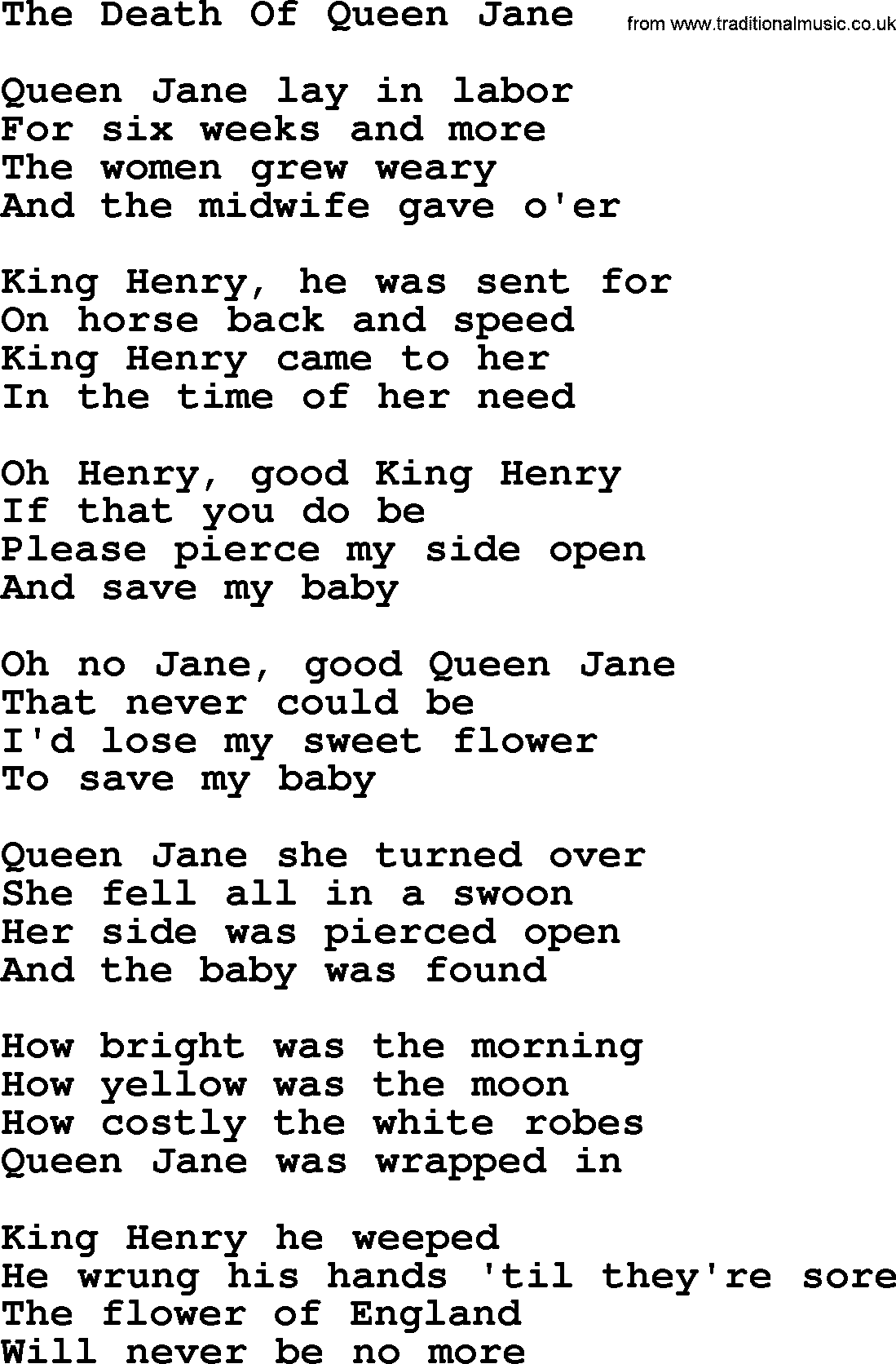 Joan Baez song The Death Of Queen Jane, lyrics