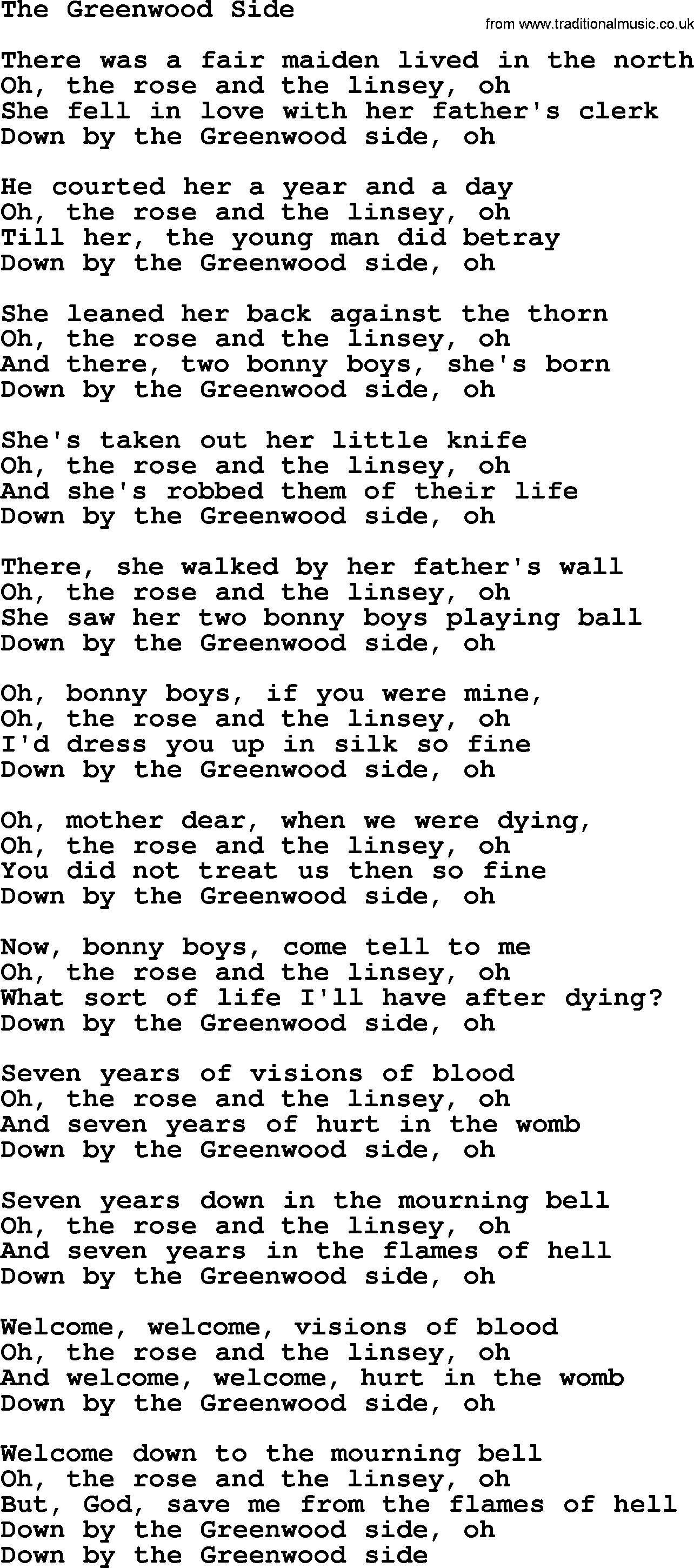 Joan Baez song The Greenwood Side, lyrics