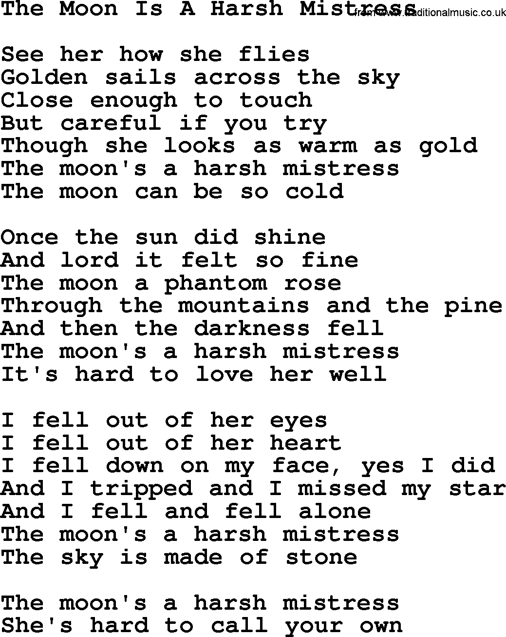 Joan Baez song The Moon Is A Harsh Mistress, lyrics