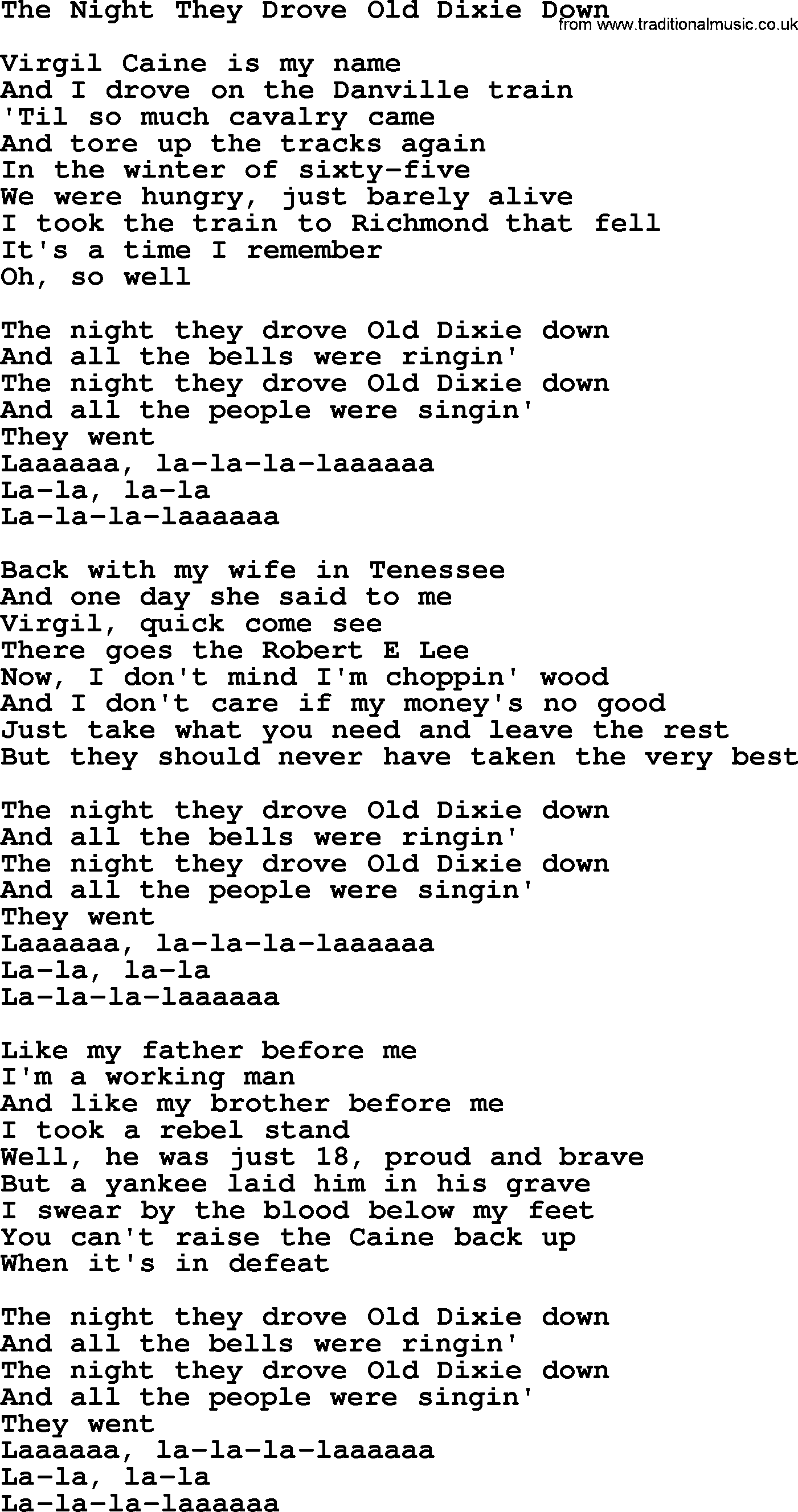Joan Baez song The Night They Drove Old Dixie Down, lyrics