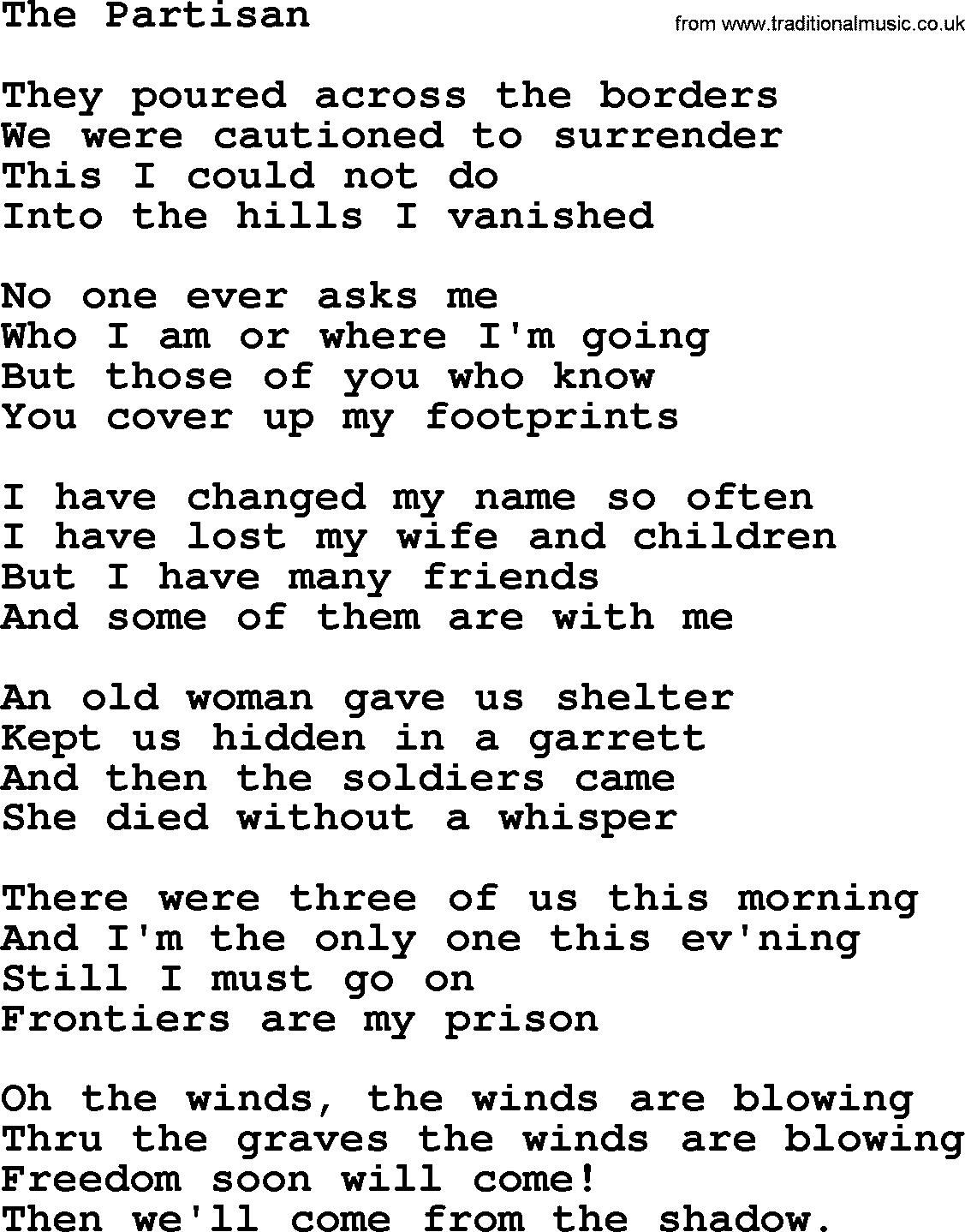 Joan Baez song The Partisan, lyrics