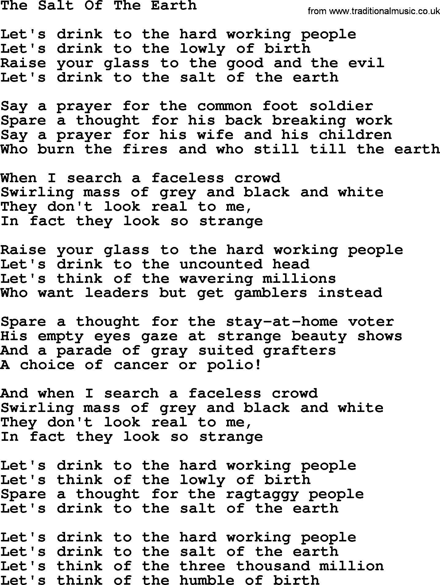Joan Baez song The Salt Of The Earth, lyrics