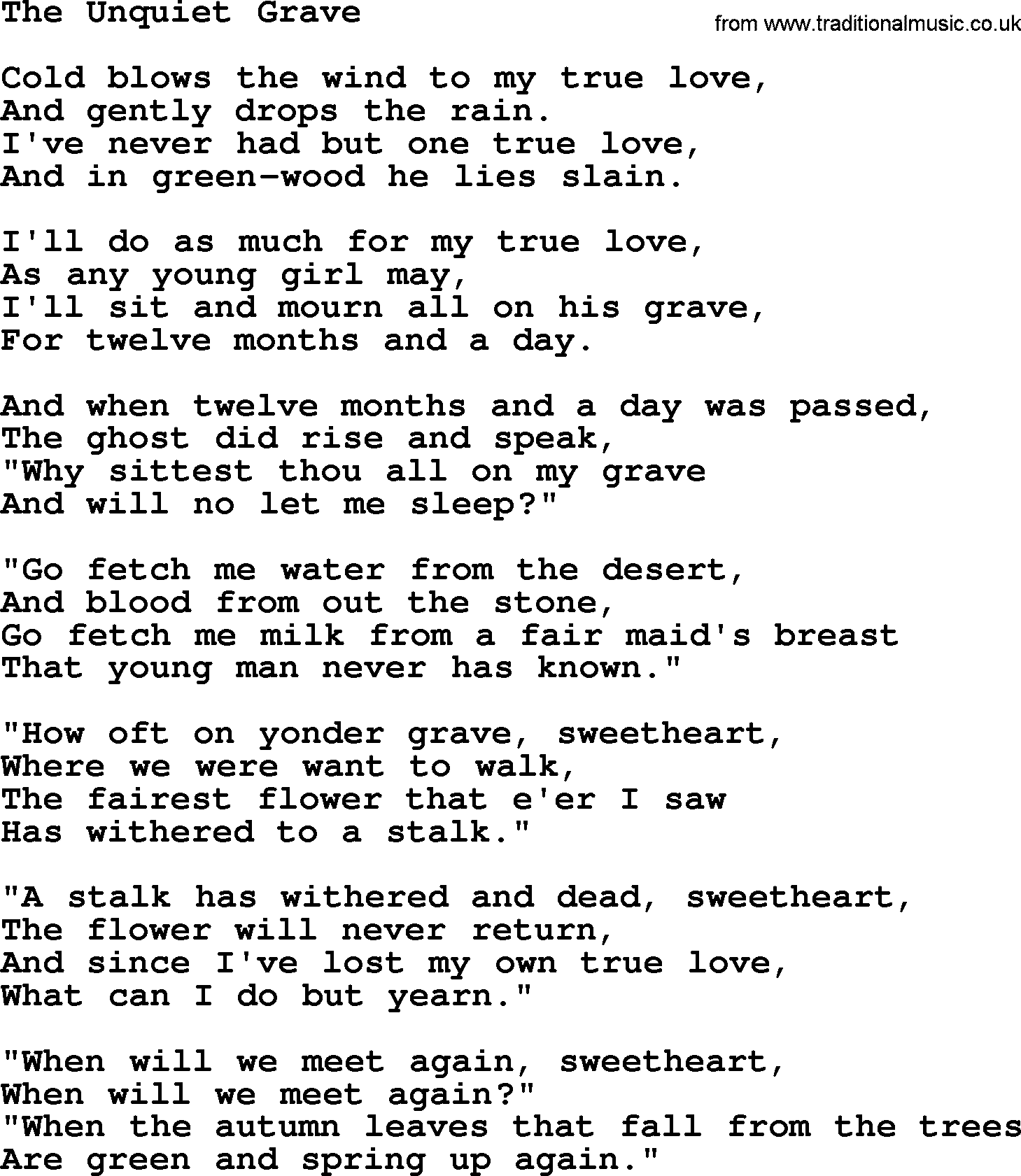 Joan Baez song The Unquiet Grave, lyrics