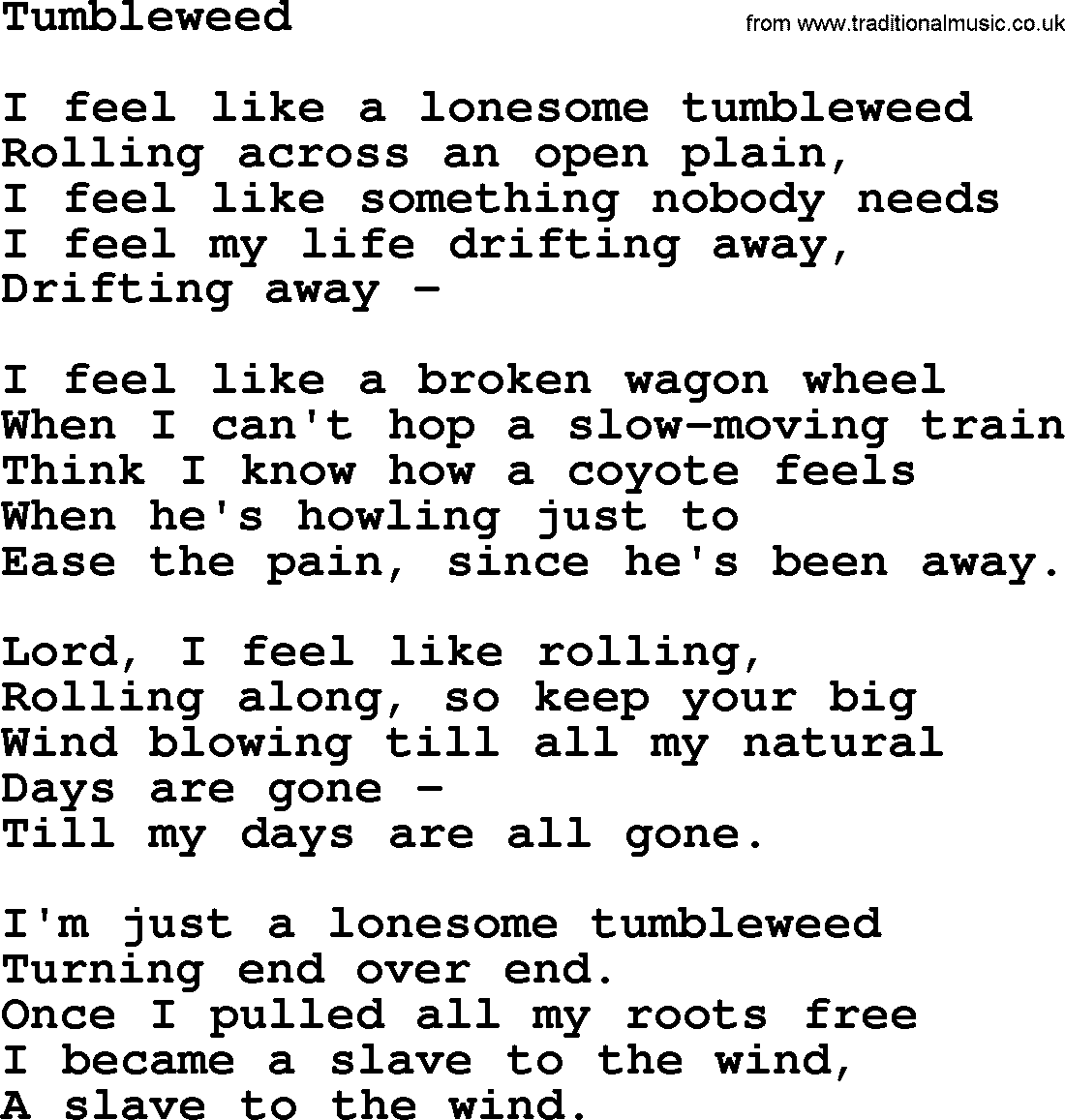 Joan Baez song Tumbleweed, lyrics