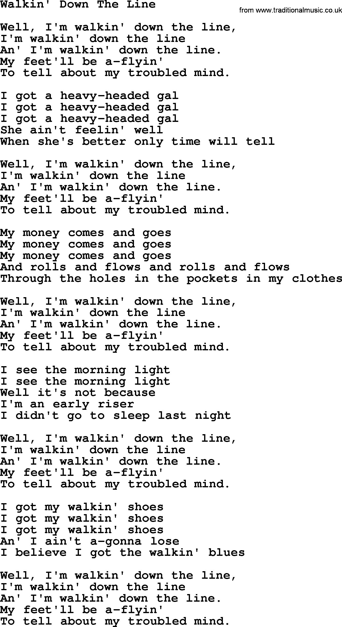 Joan Baez song Walkin' Down The Line, lyrics