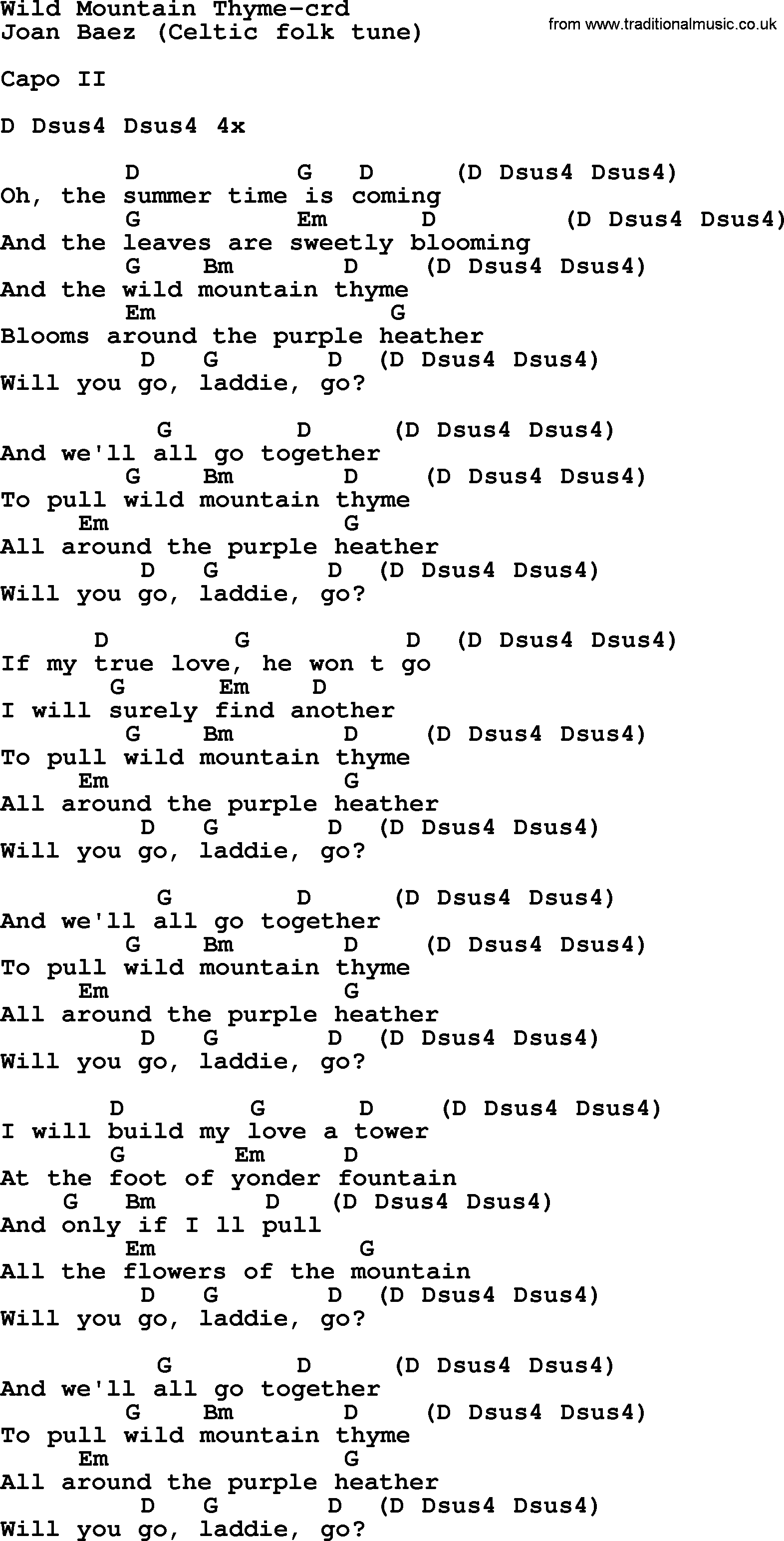 Joan Baez song Wild Mountain Thyme lyrics and chords