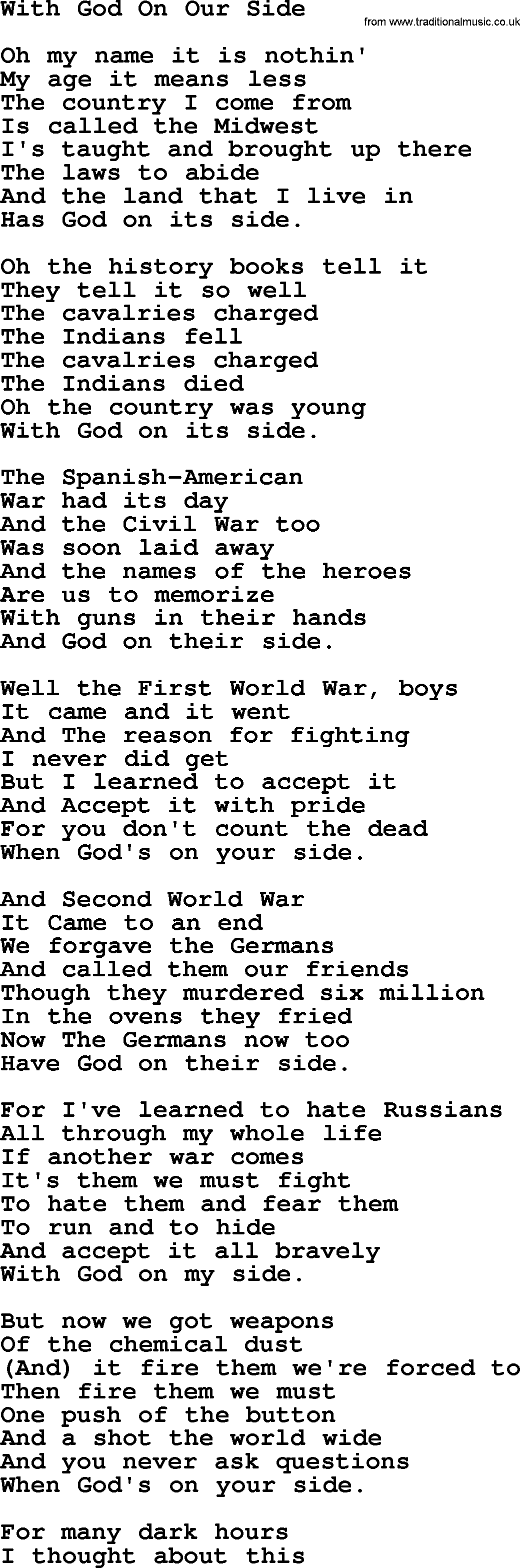 Joan Baez song With God On Our Side, lyrics