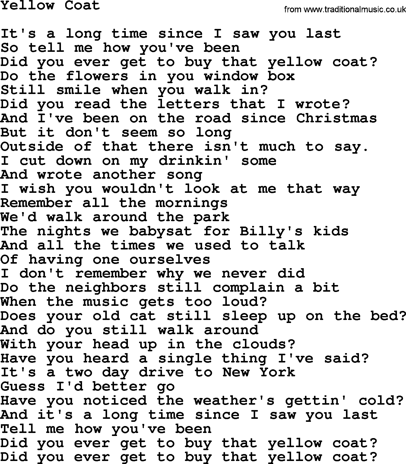 Joan Baez song Yellow Coat, lyrics