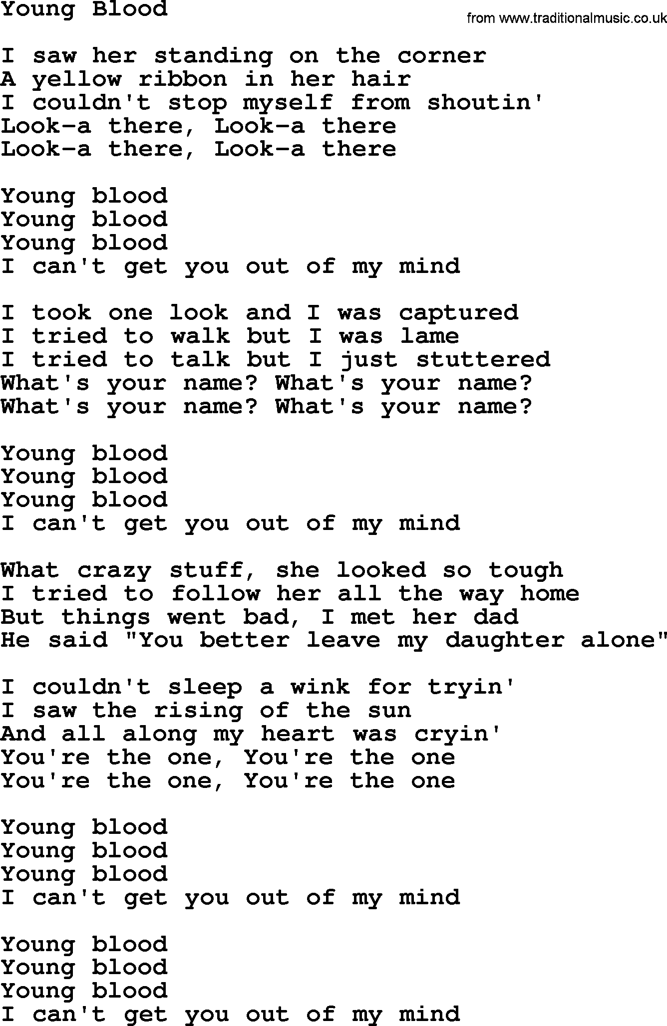 Joan Baez song Young Blood, lyrics