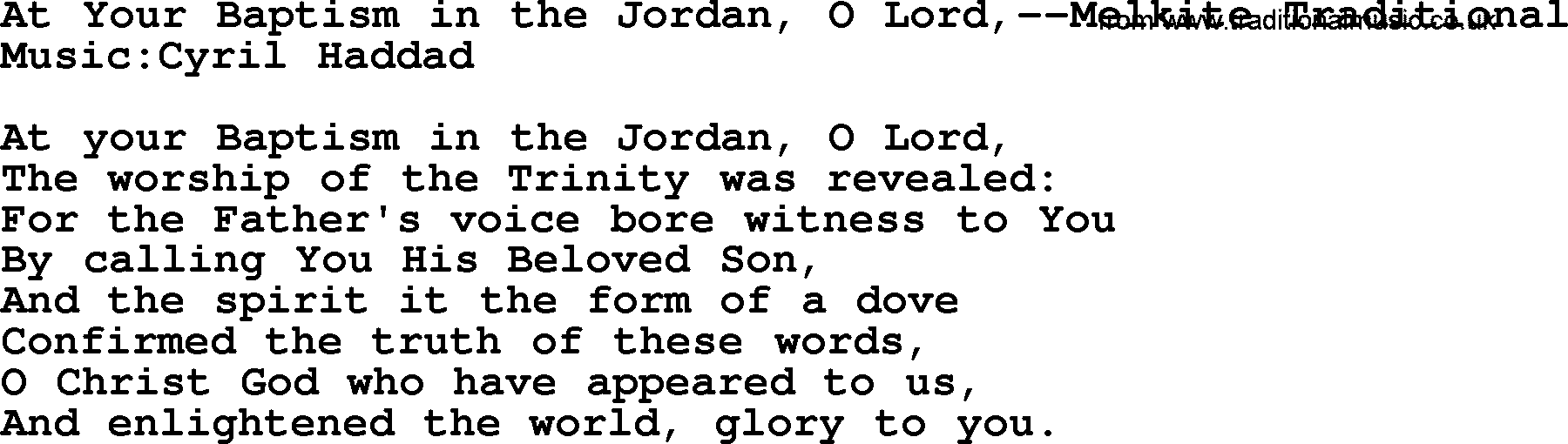Baptism and Christening Hymns and Songs, Hymn: At Your Baptism In The Jordan, O Lord,-Melkite Traditional, lyrics and PDF