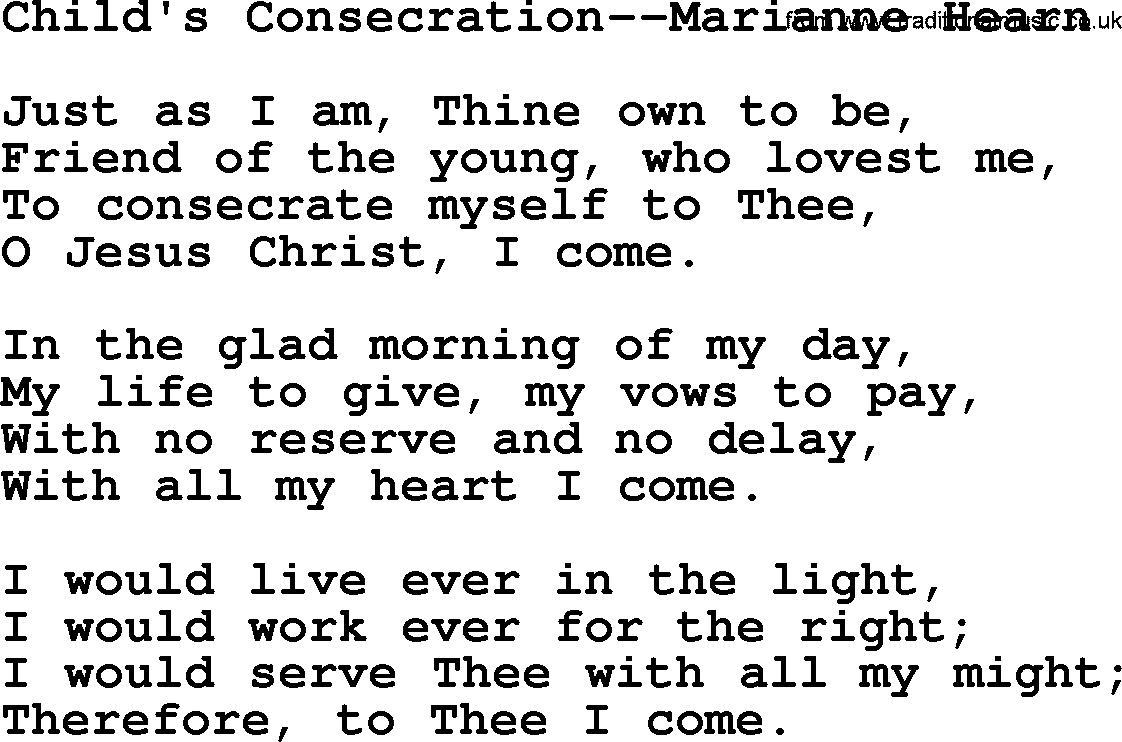 Baptism and Christening Hymns and Songs, Hymn: Child's Consecration-Marianne Hearn, lyrics and PDF