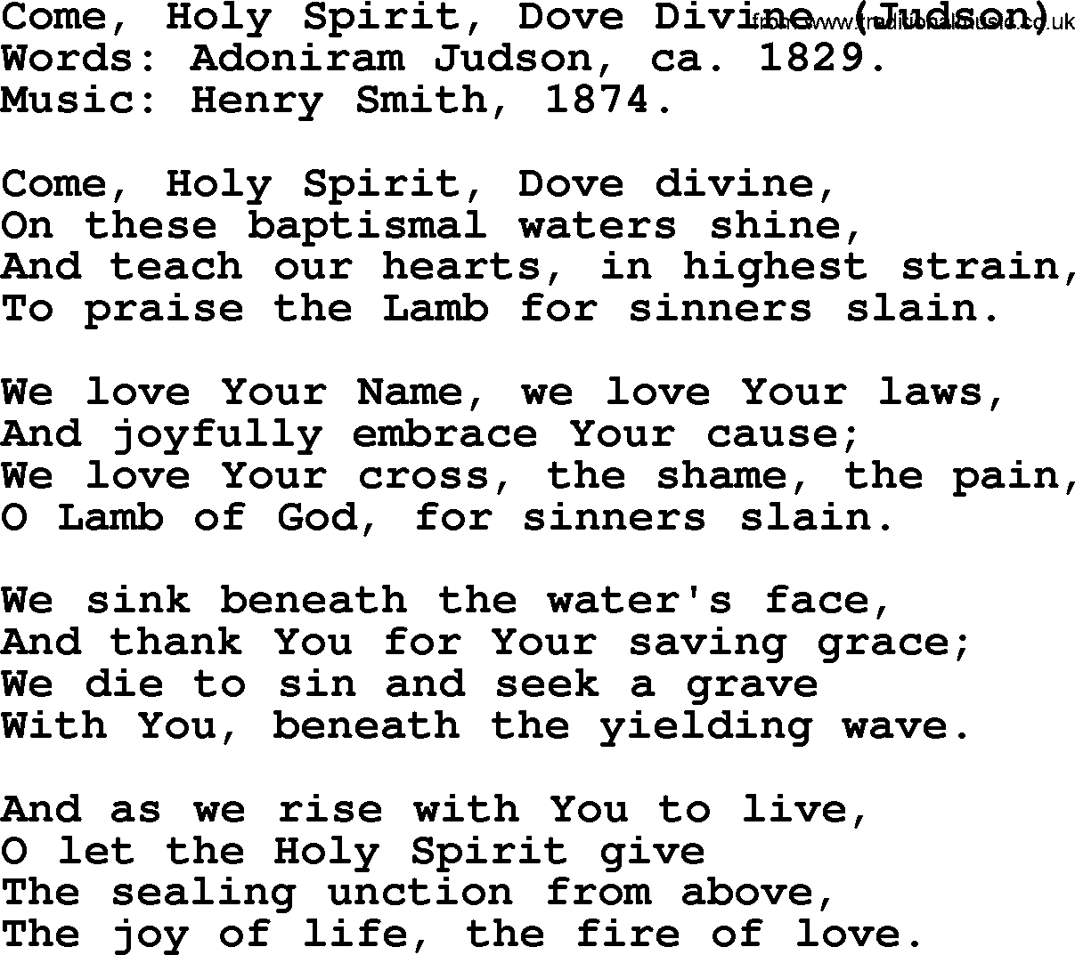 Baptism and Christening Hymns and Songs, Hymn: Come, Holy Spirit, Dove Divine (Judson), lyrics and PDF