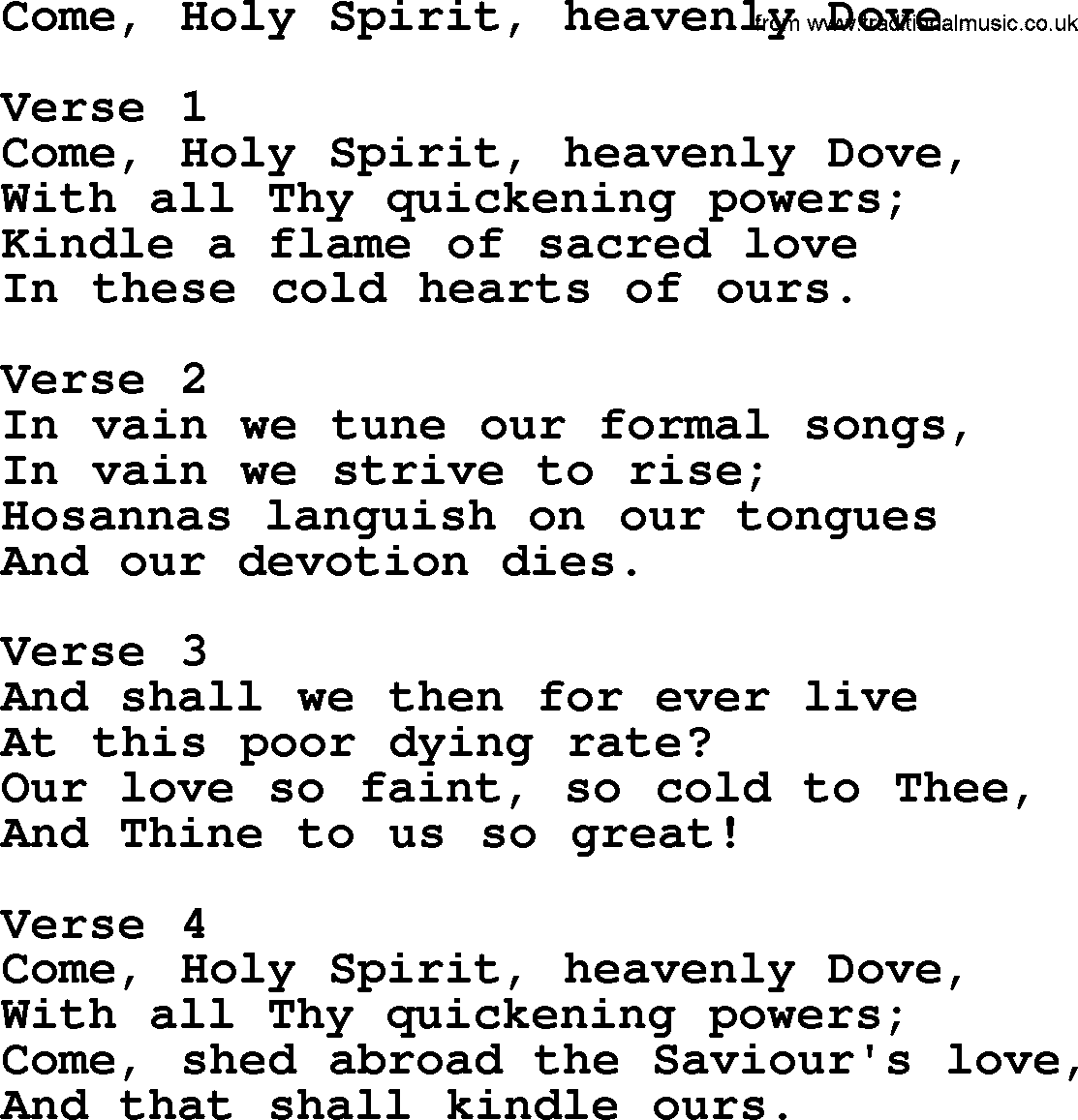 Baptism and Christening Hymns and Songs, Hymn: Come Holy Spirit Heavenly Dove, lyrics and PDF