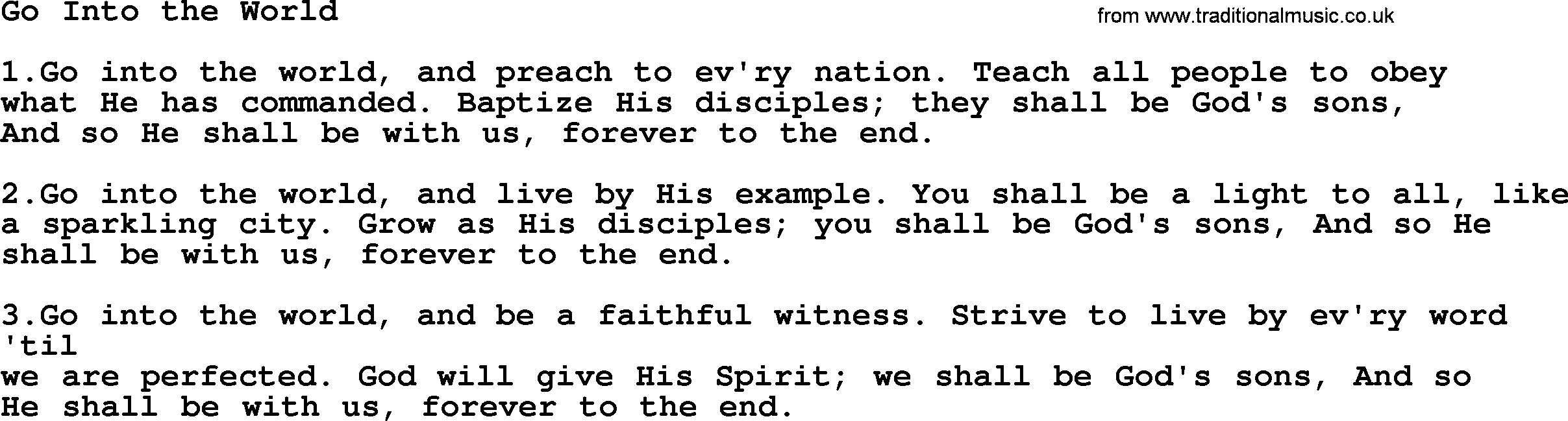 Baptism and Christening Hymns and Songs, Hymn: Go Into The World, lyrics and PDF