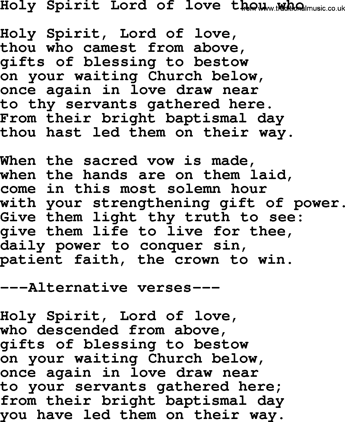 Baptism and Christening Hymns and Songs, Hymn: Holy Spirit Lord Of Love Thou Who, lyrics and PDF