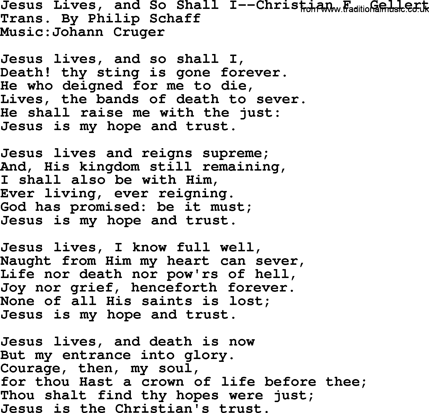 Baptism and Christening Hymns and Songs, Hymn: Jesus Lives, And So Shall I-Christian F Gellert, lyrics and PDF