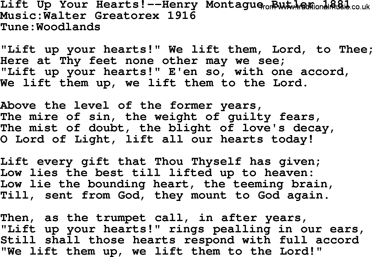 Baptism and Christening Hymns and Songs, Hymn: Lift Up Your Hearts!-Henry Montague Butler 1881, lyrics and PDF