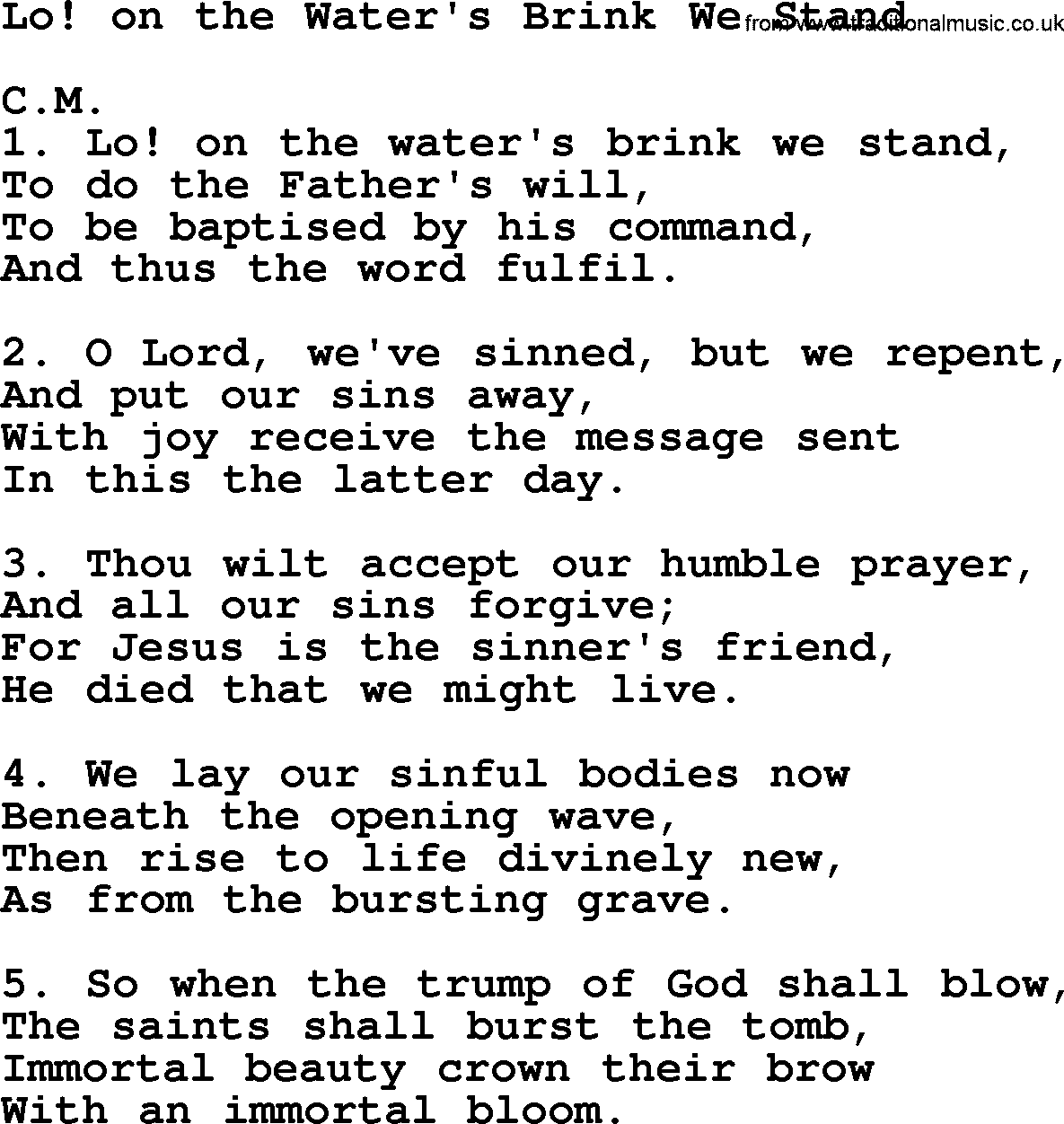 Baptism and Christening Hymns and Songs, Hymn: Lo! On The Water's Brink We Stand, lyrics and PDF