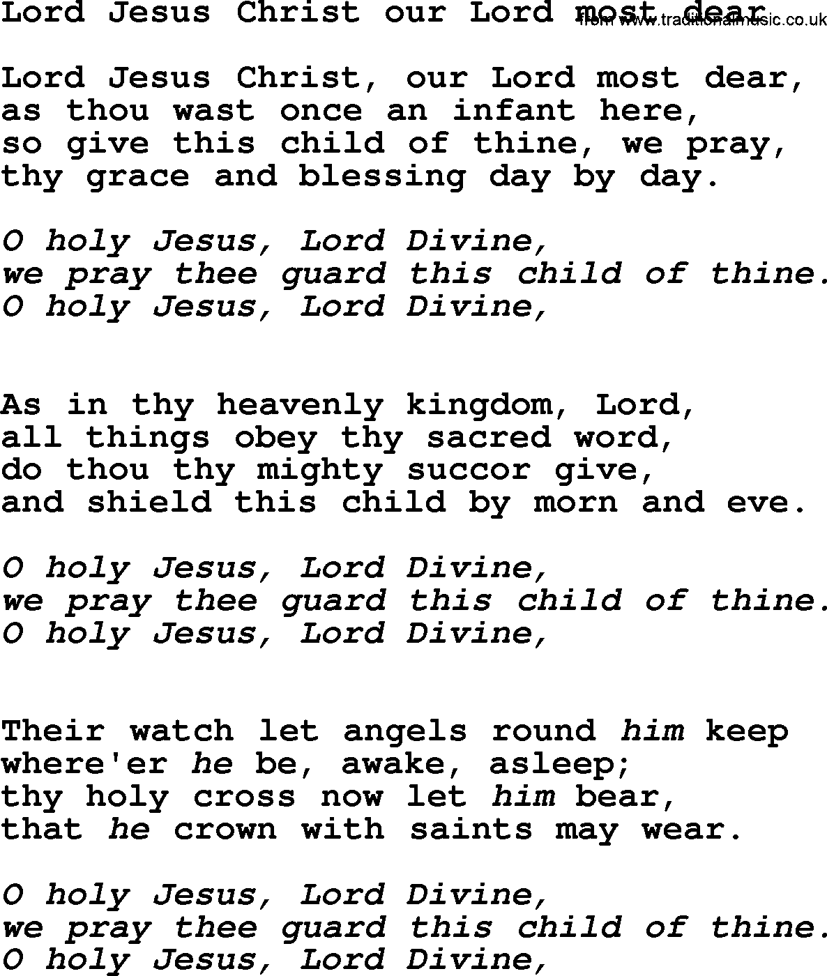 Baptism and Christening Hymns and Songs, Hymn: Lord Jesus Christ Our Lord Most Dear, lyrics and PDF