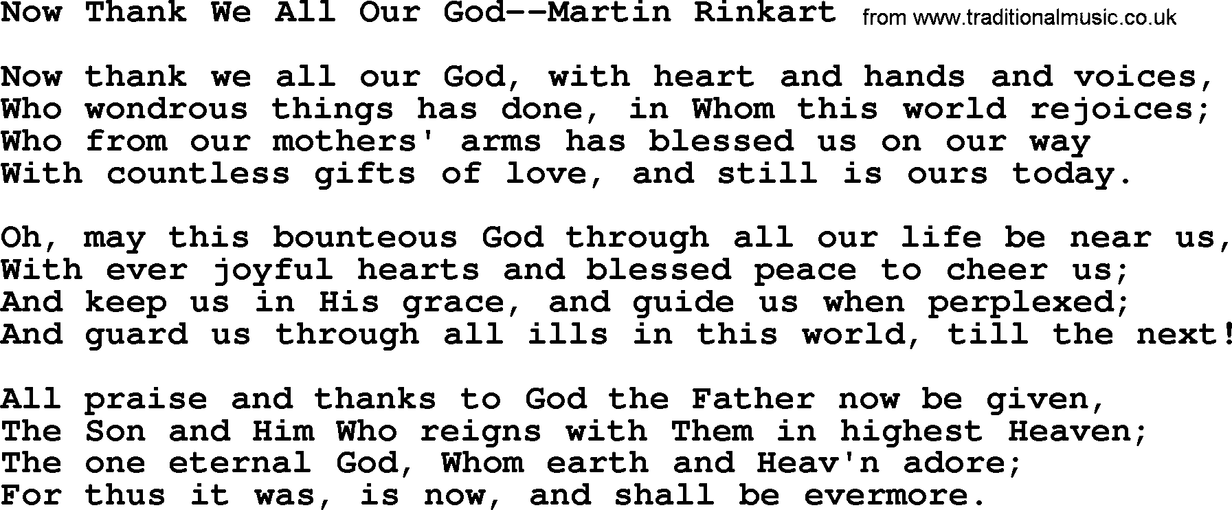 Baptism and Christening Hymns and Songs, Hymn: Now Thank We All Our God-Martin Rinkart, lyrics and PDF