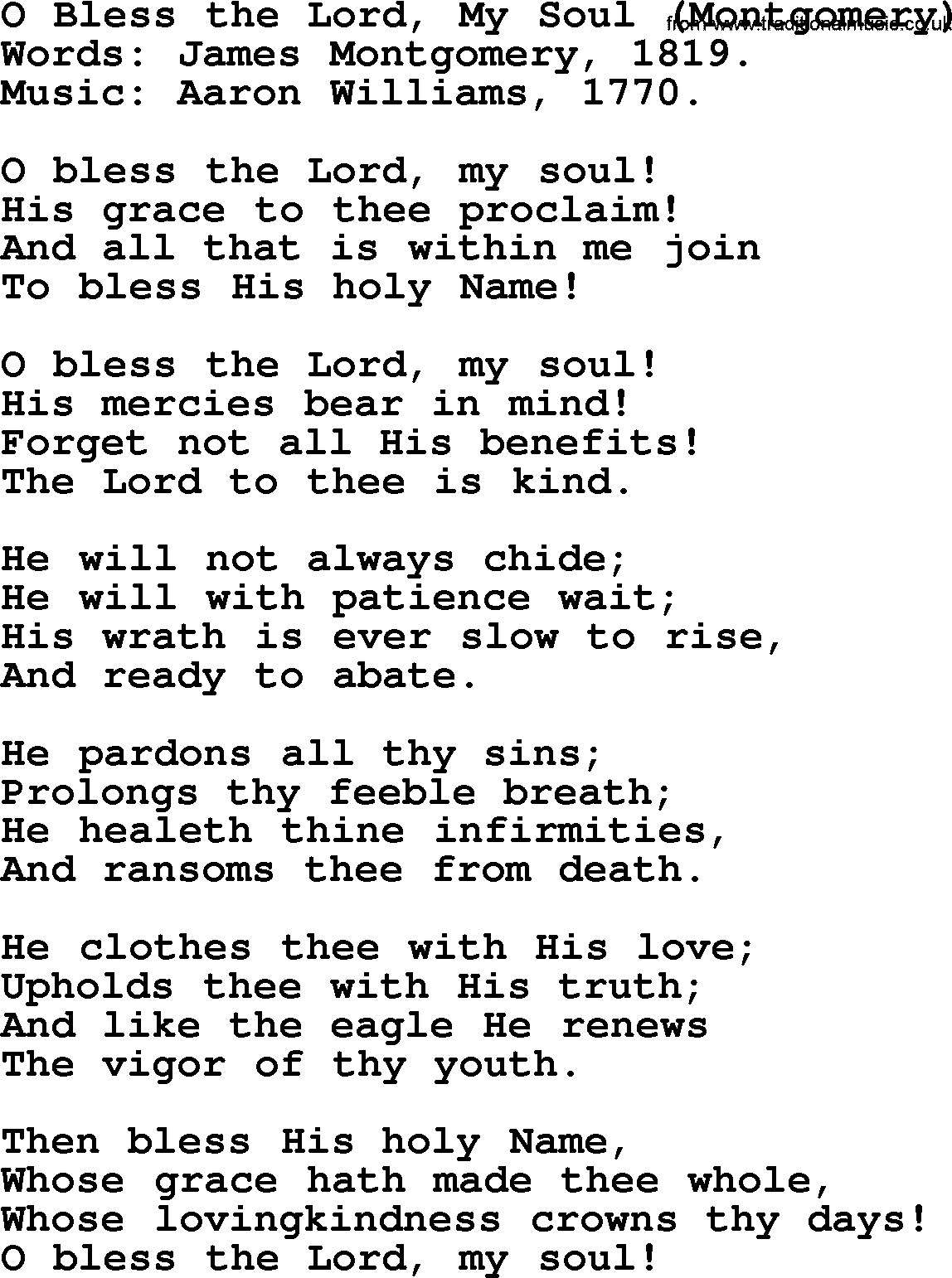 Baptism and Christening Hymns and Songs, Hymn: O Bless The Lord, My Soul (Montgomery), lyrics and PDF