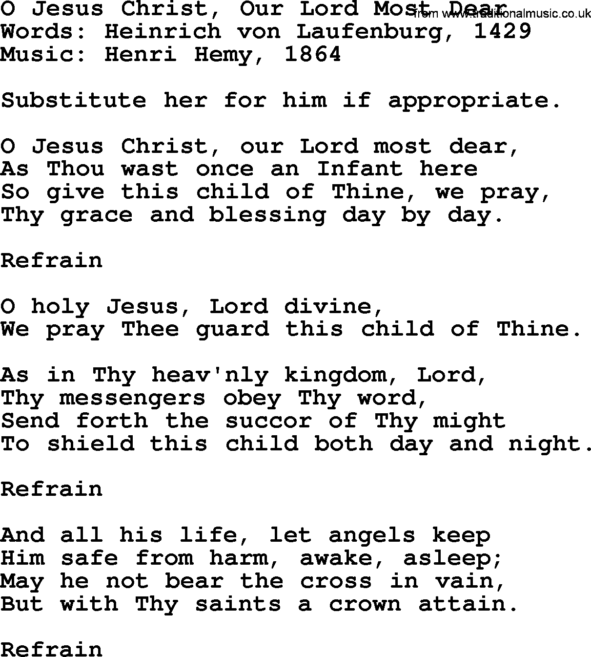 Baptism and Christening Hymns and Songs, Hymn: O Jesus Christ, Our Lord Most Dear, lyrics and PDF