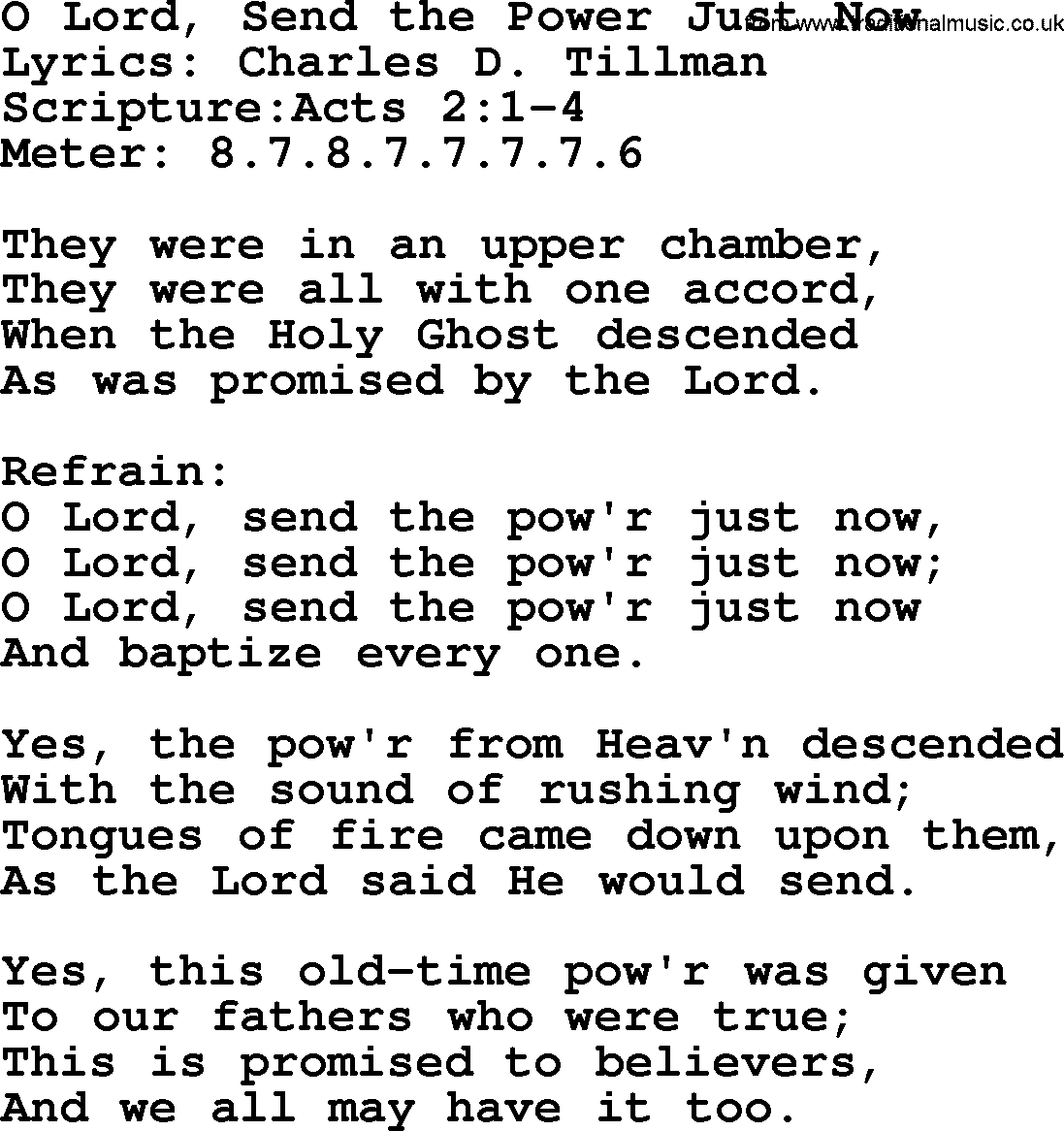 Baptism and Christening Hymns and Songs, Hymn: O Lord, Send The Power Just Now, lyrics and PDF