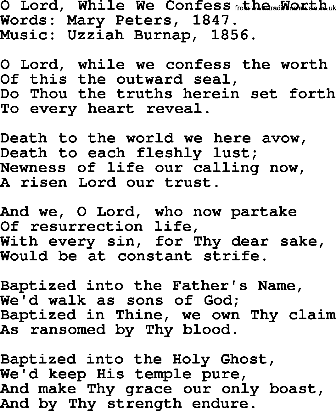 Baptism and Christening Hymns and Songs, Hymn: O Lord, While We Confess The Worth, lyrics and PDF