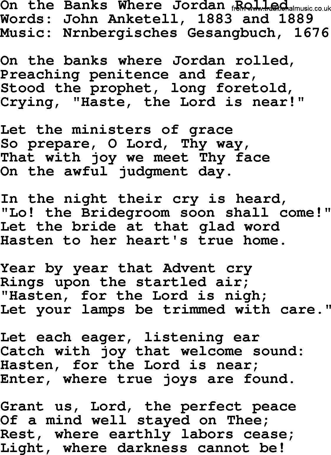 Baptism and Christening Hymns and Songs, Hymn: On The Banks Where Jordan Rolled, lyrics and PDF