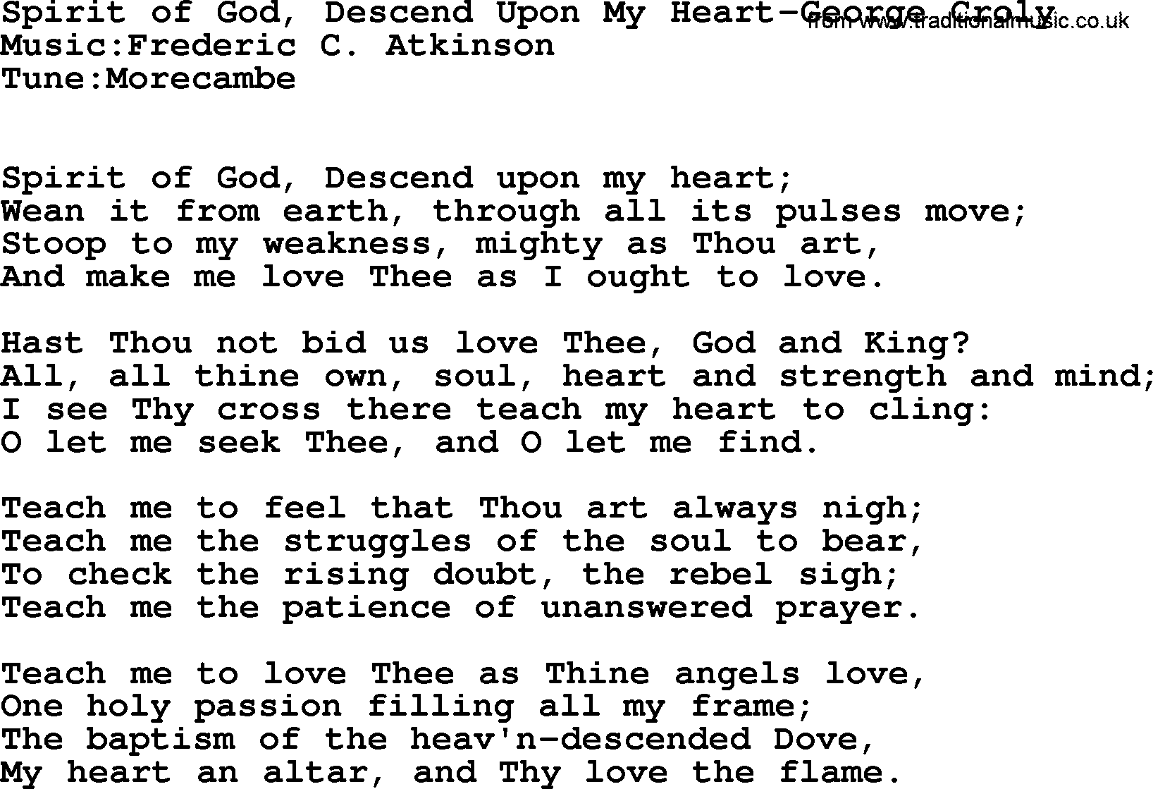 Baptism and Christening Hymns and Songs, Hymn: Spirit Of God, Descend Upon My Heart-George Croly, lyrics and PDF