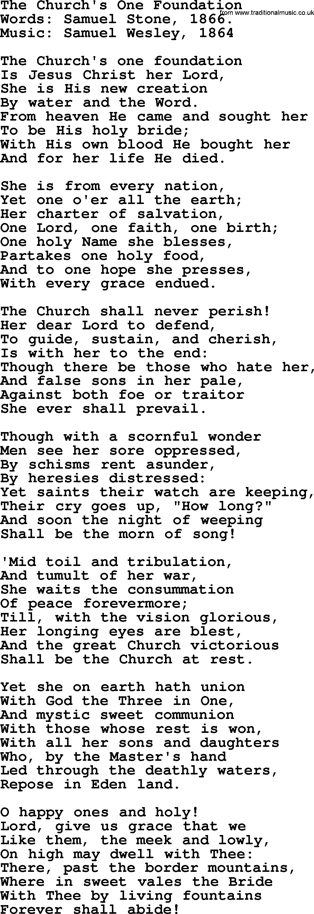 Baptism and Christening Hymns and Songs, Hymn: The Church's One Foundation, lyrics and PDF