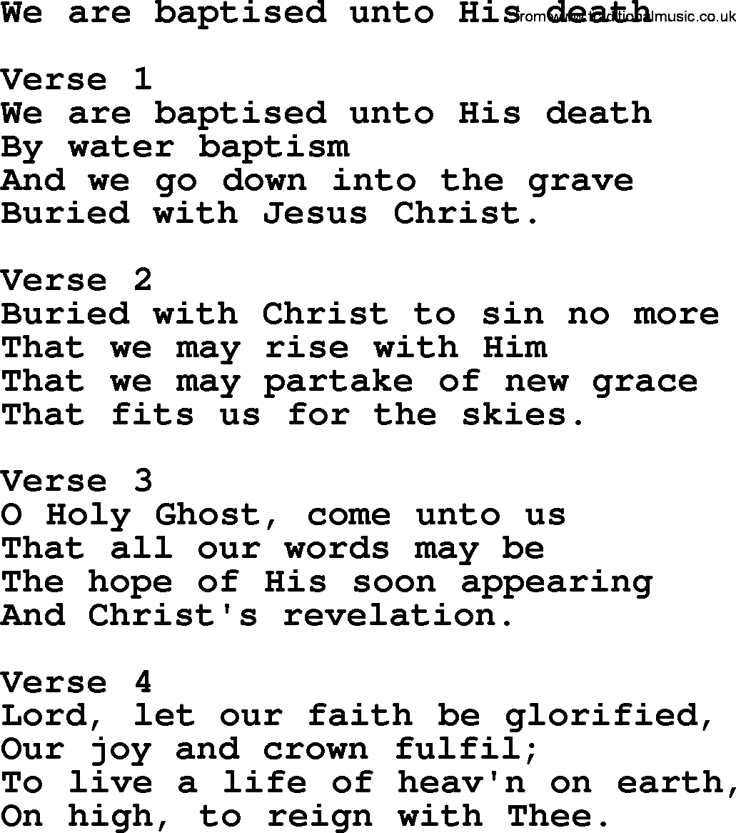Baptism and Christening Hymns and Songs, Hymn: We Are Baptised Unto His Death, lyrics and PDF