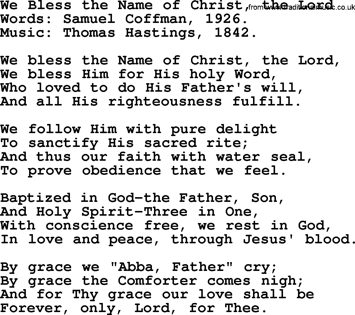 Baptism and Christening Hymns and Songs, Hymn: We Bless The Name Of Christ, The Lord, lyrics and PDF