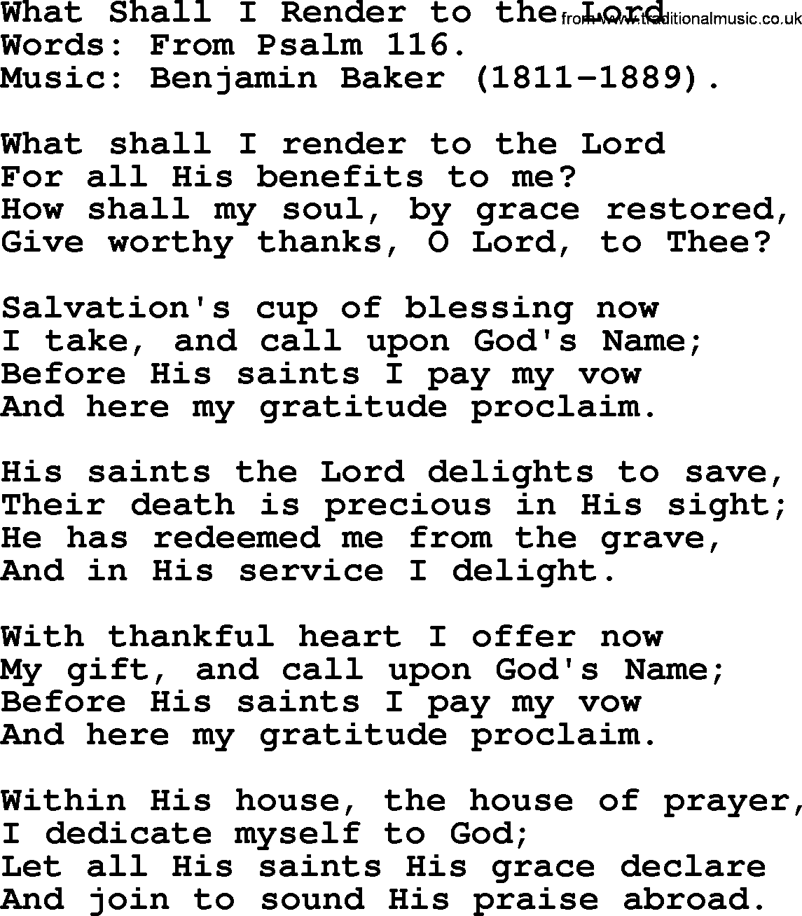 Baptism and Christening Hymns and Songs, Hymn: What Shall I Render To The Lord, lyrics and PDF
