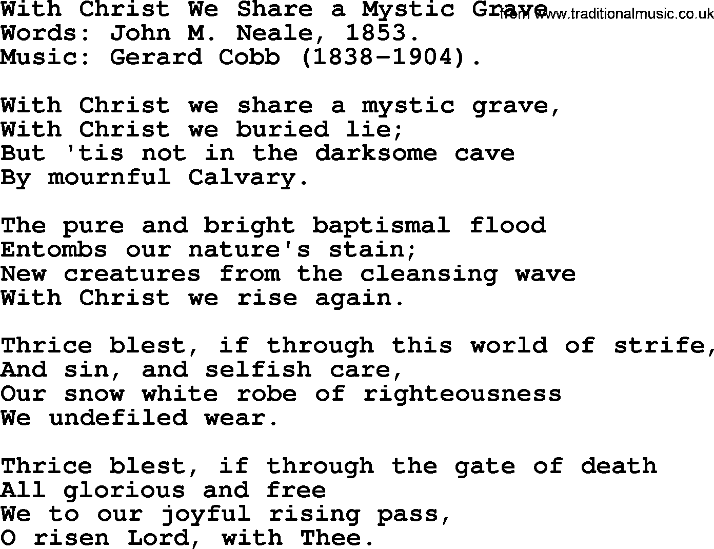 Baptism and Christening Hymns and Songs, Hymn: With Christ We Share A Mystic Grave, lyrics and PDF