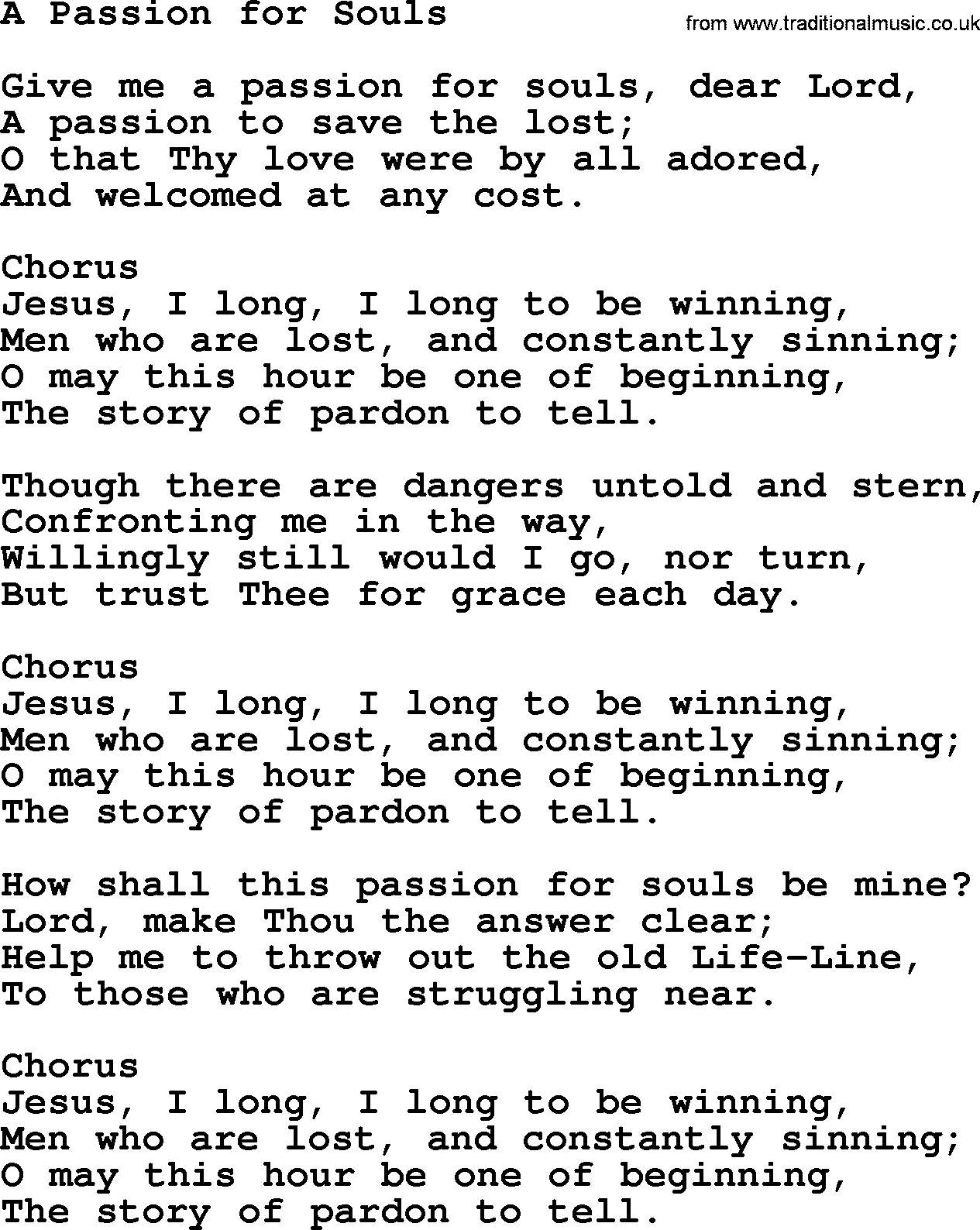 Baptist Hymnal Hymn: A Passion For Souls, lyrics with pdf