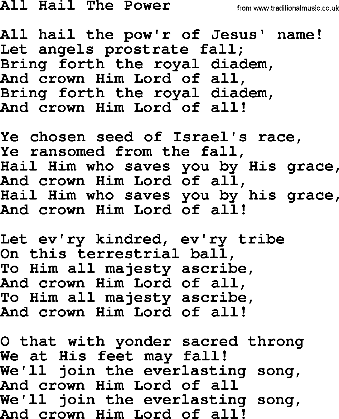 Baptist Hymnal Hymn: All Hail The Power, lyrics with pdf