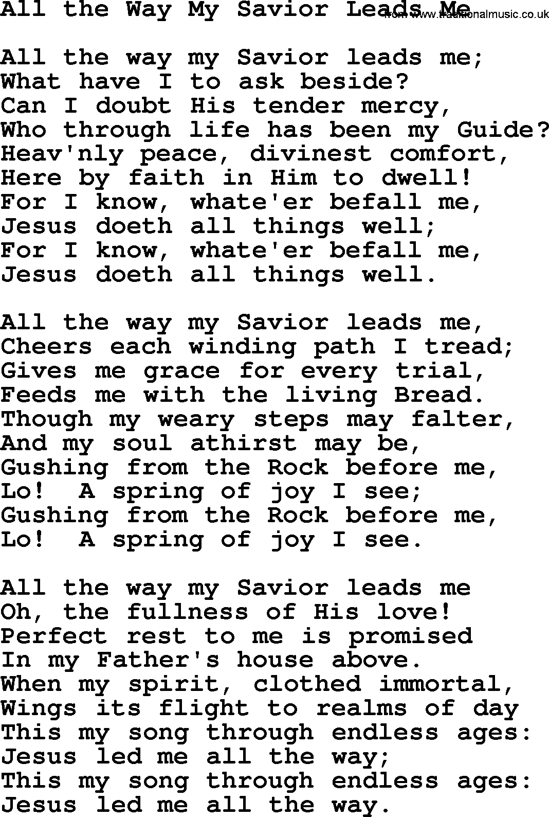 Baptist Hymnal Hymn: All The Way My Savior Leads Me, lyrics with pdf