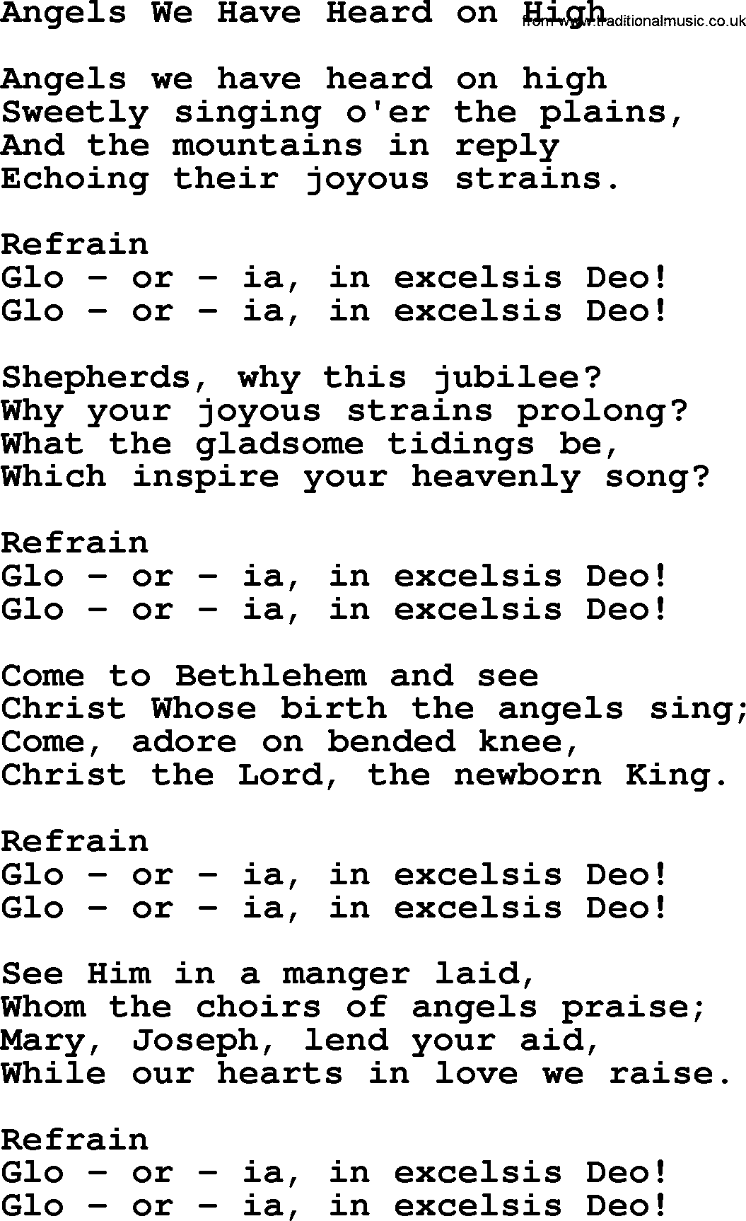 Baptist Hymnal, Christian Song: Angels We Have Heard On High- lyrics with PDF for printing