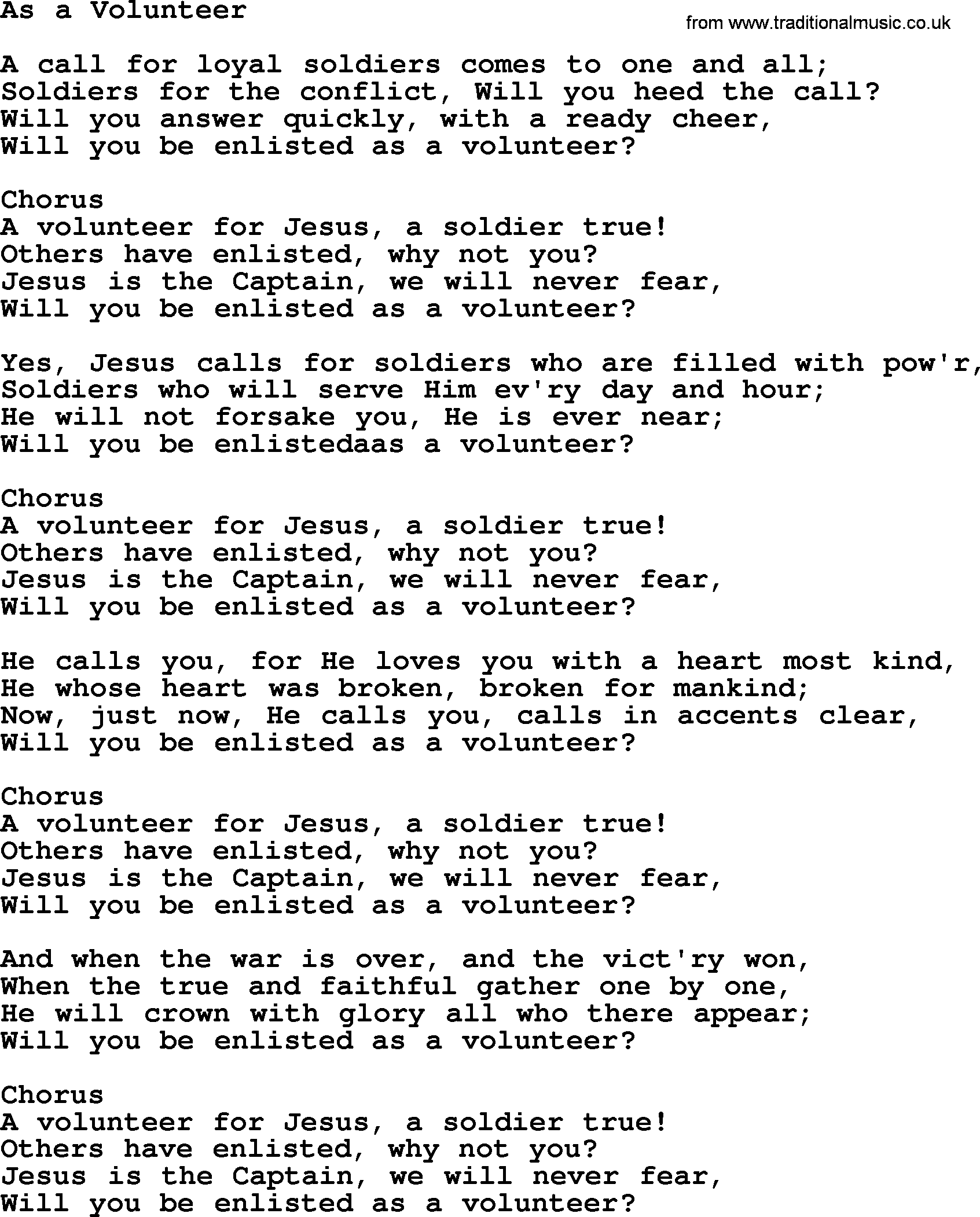 Baptist Hymnal Hymn: As A Volunteer, lyrics with pdf