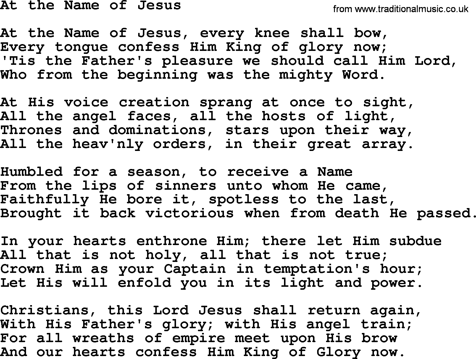 Baptist Hymnal Hymn: At The Name Of Jesus, lyrics with pdf