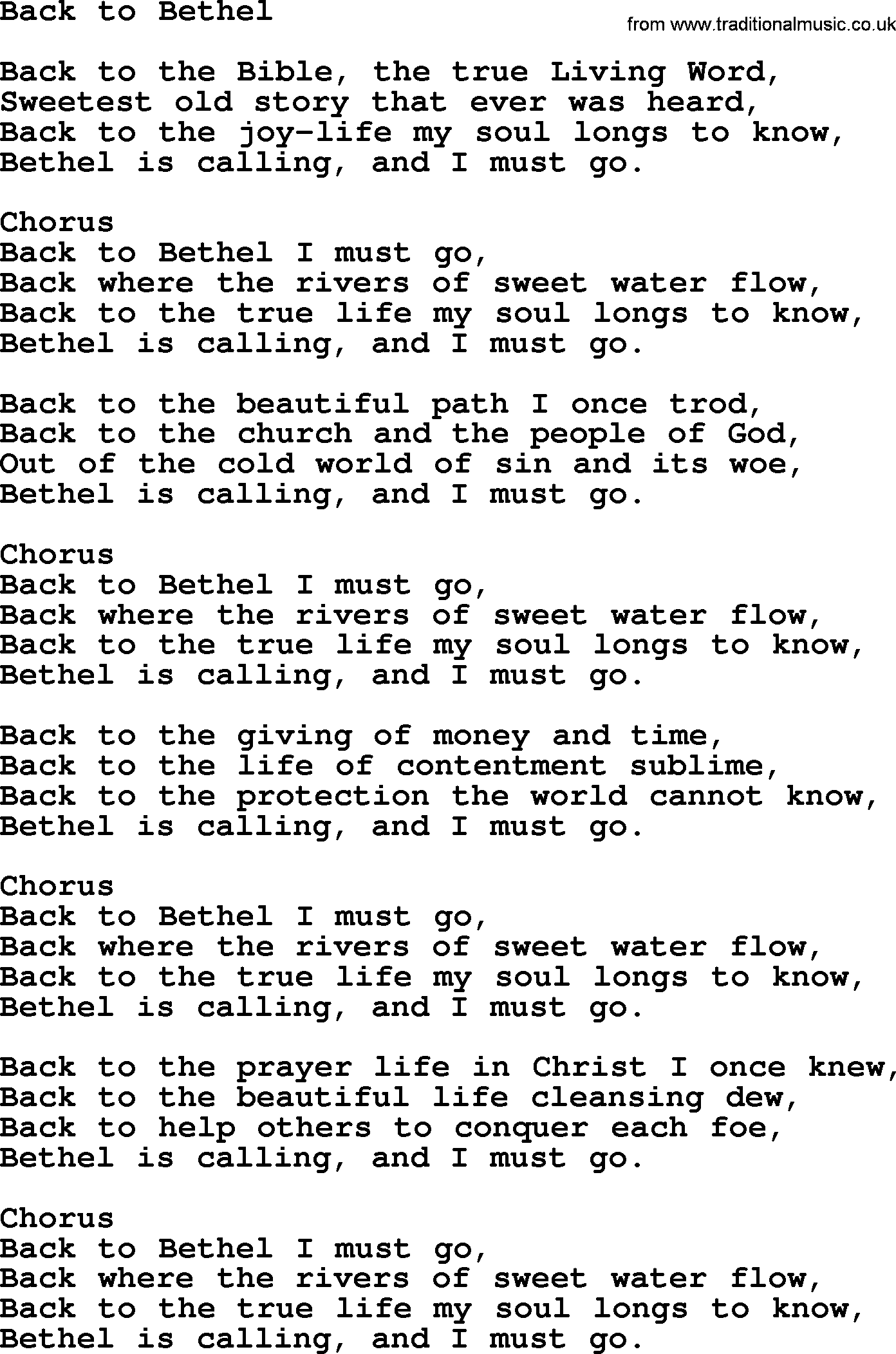Baptist Hymnal Hymn: Back To Bethel, lyrics with pdf